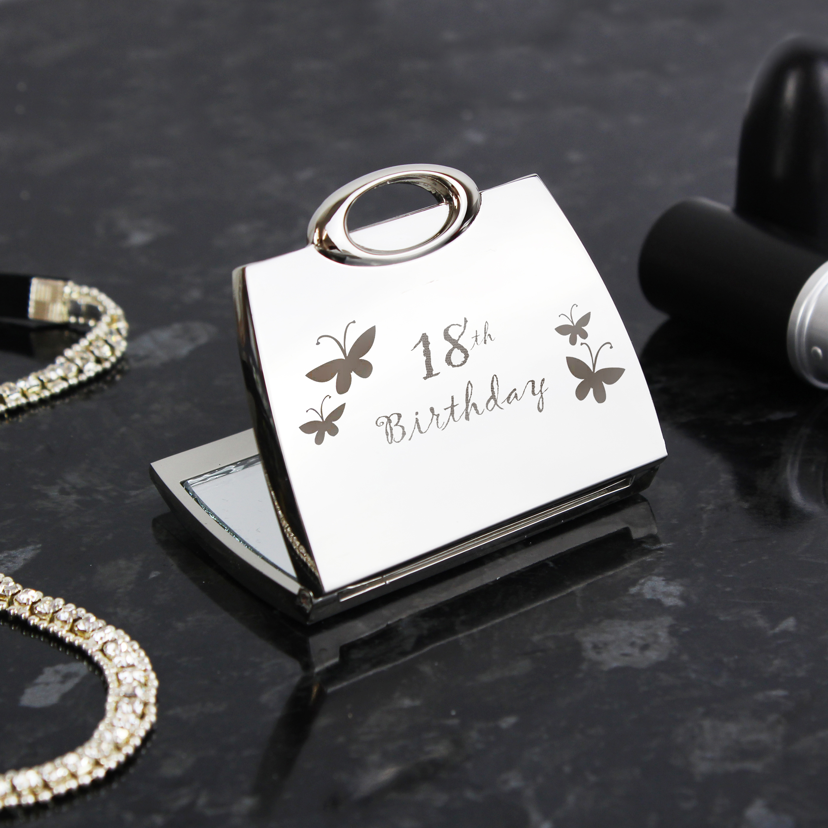 Personalised 18th Butterfly Handbag Compact Mirror