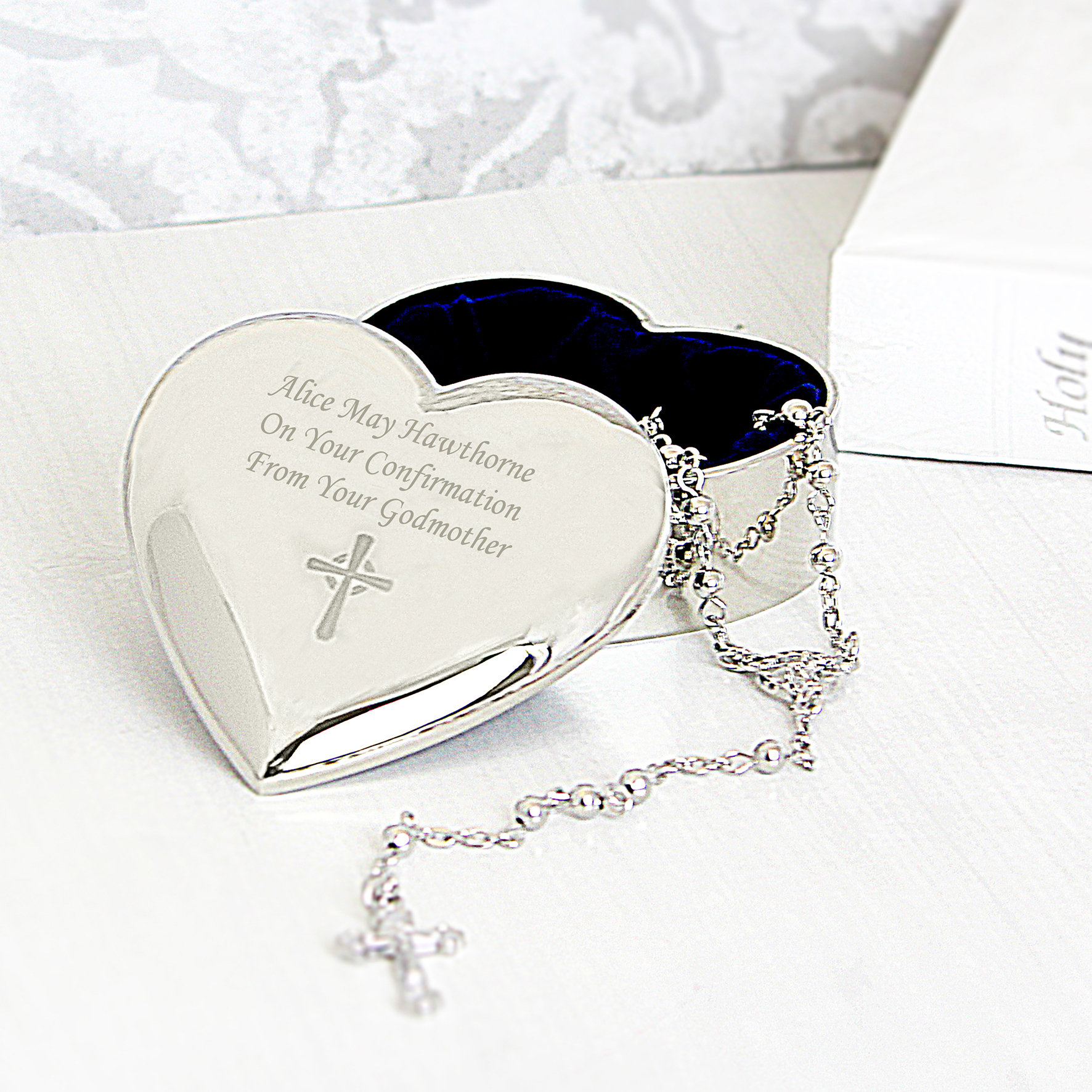 Personalised Rosary Beads & Cross Heart Trinket Box - Religious Gift