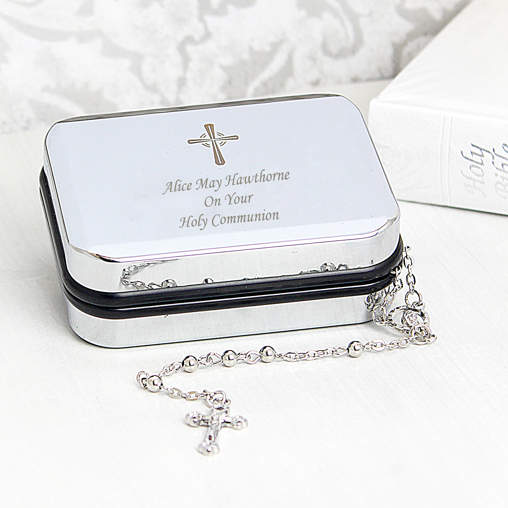 Personalised Rosary Beads & Cross Trinket Box - Religious Keepsake