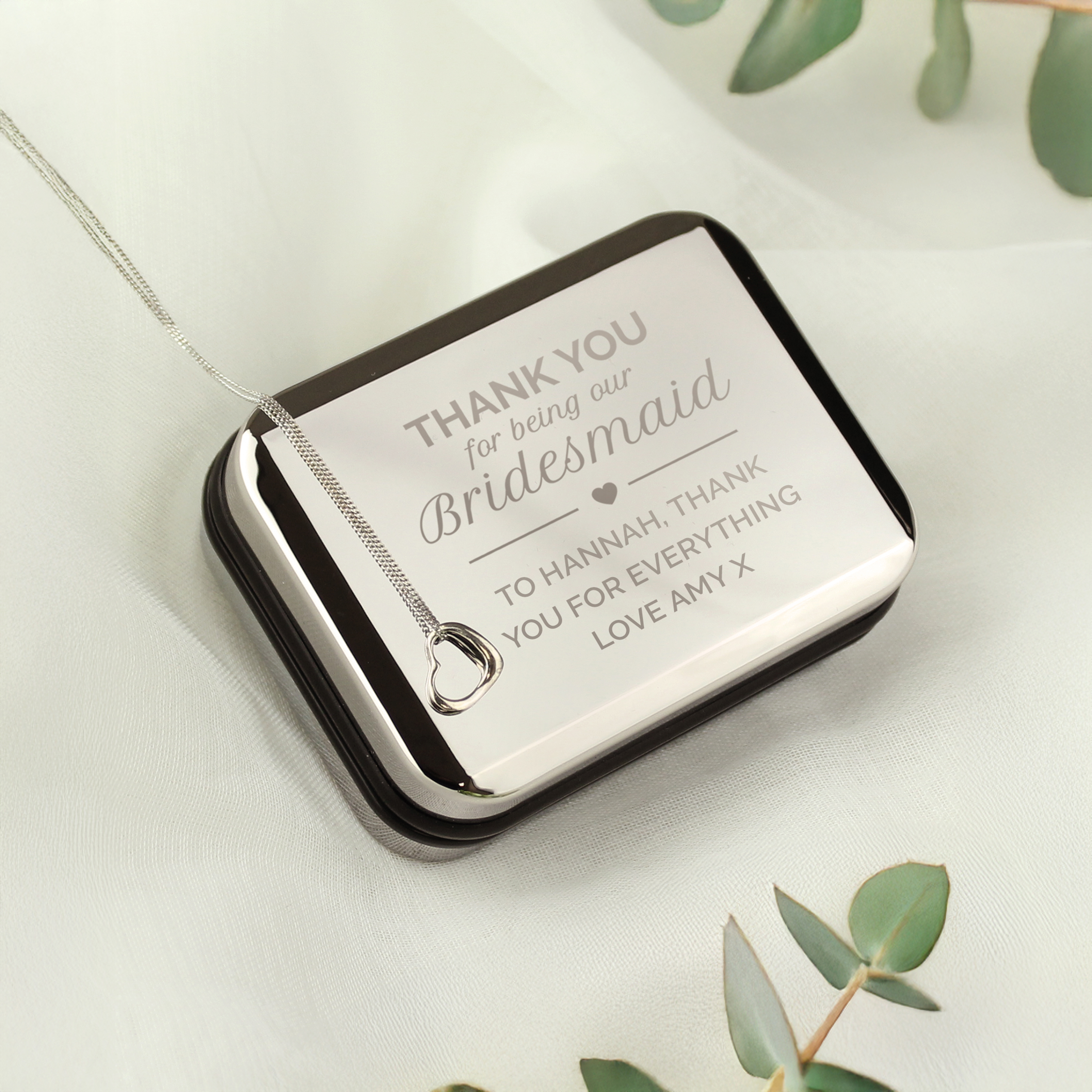 Personalised Bridesmaid Sterling Silver Heart Necklace & Gift Box