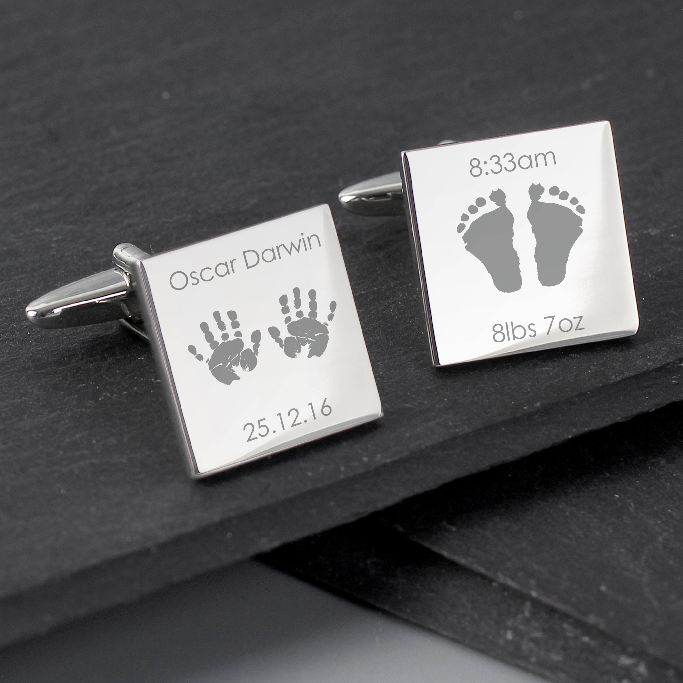 Personalised New Baby Cufflinks - Square Rhodium Plated with Gift Box