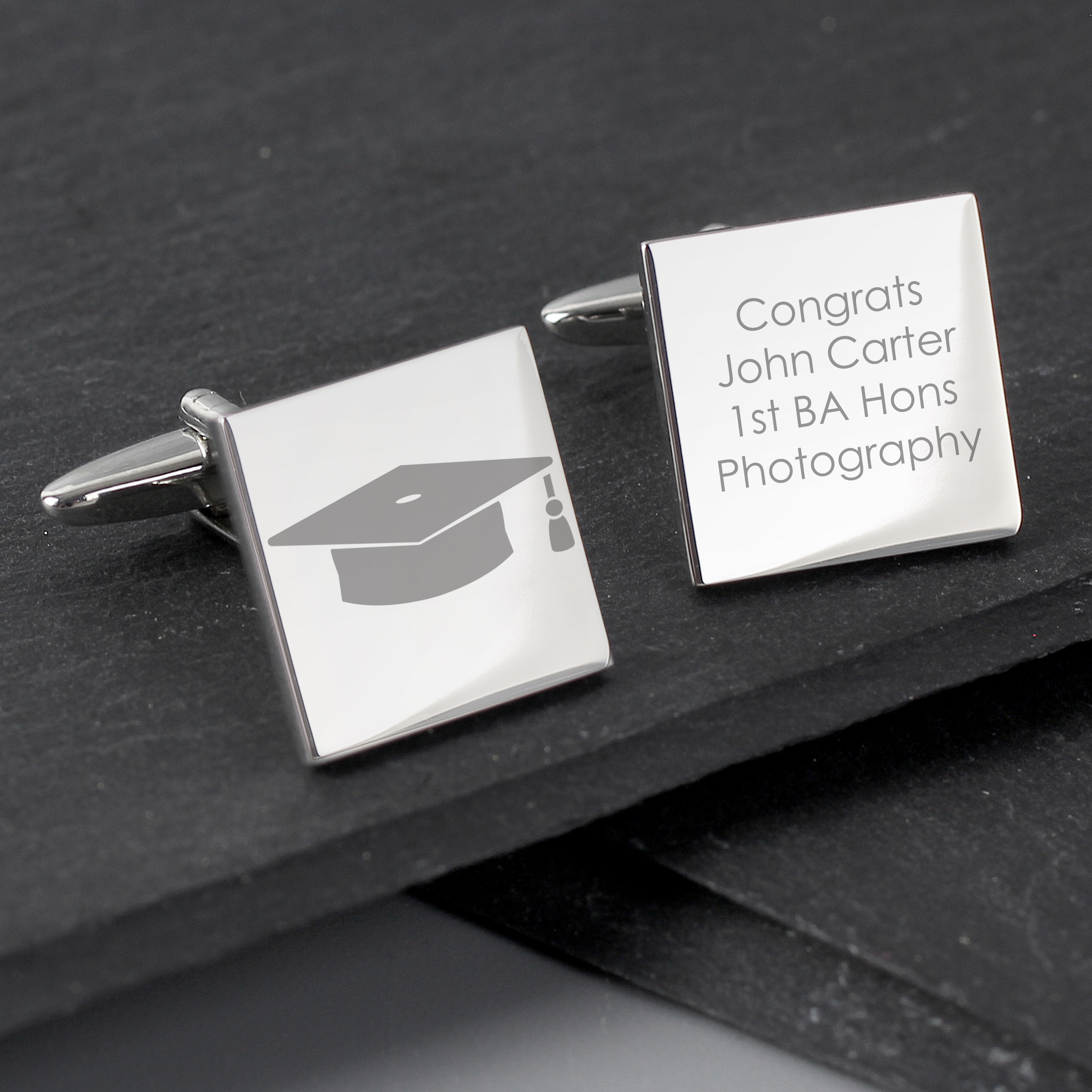 Personalised Graduation Cufflinks - Square Rhodium Plated with Gift Box