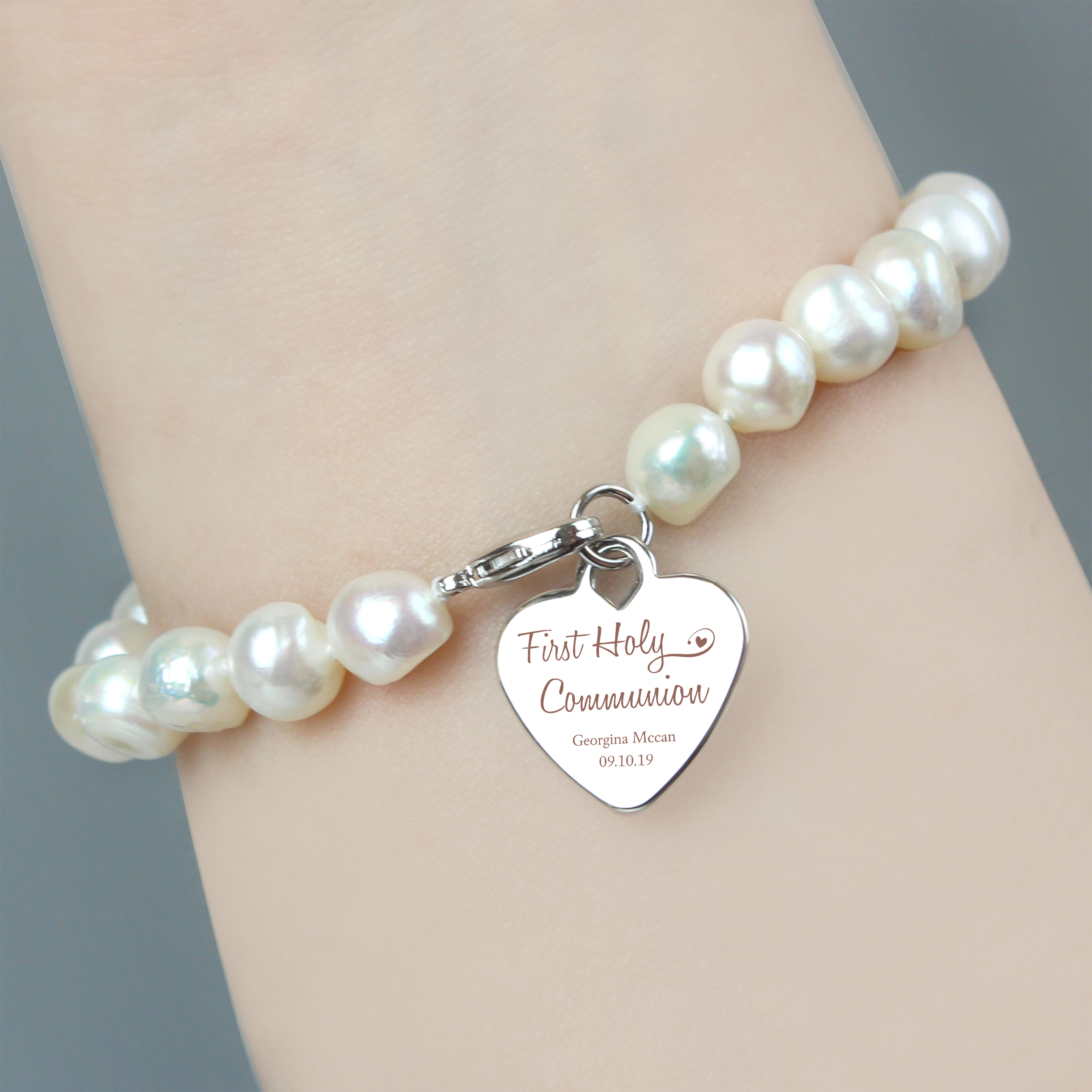 Personalised First Holy Communion White Pearl Bracelet