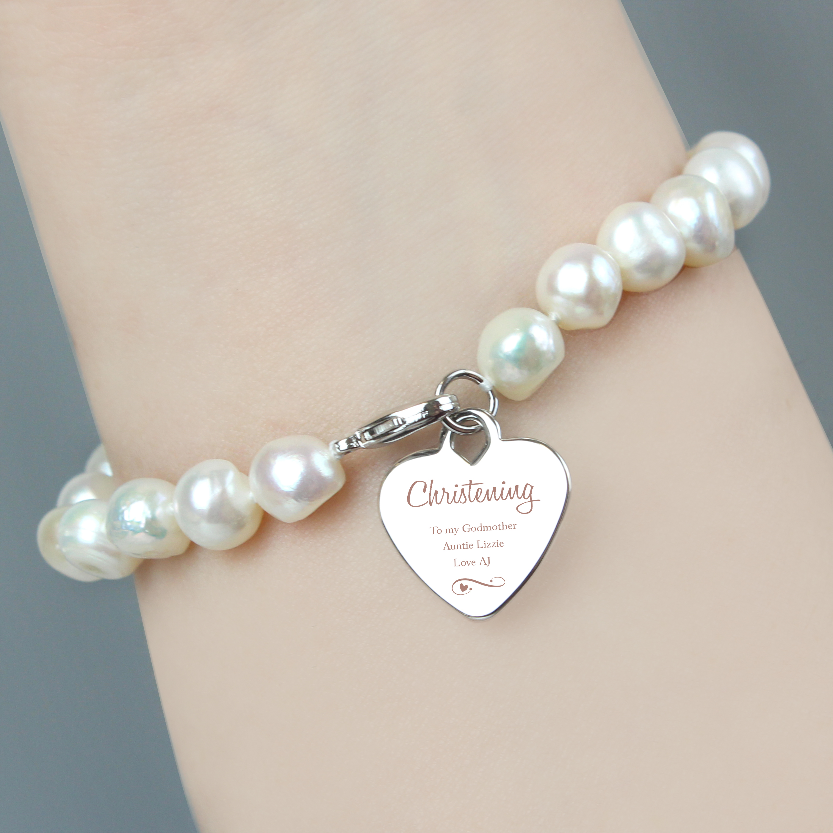 Personalised Christening Pearl Bracelet - White Freshwater with Heart Charm