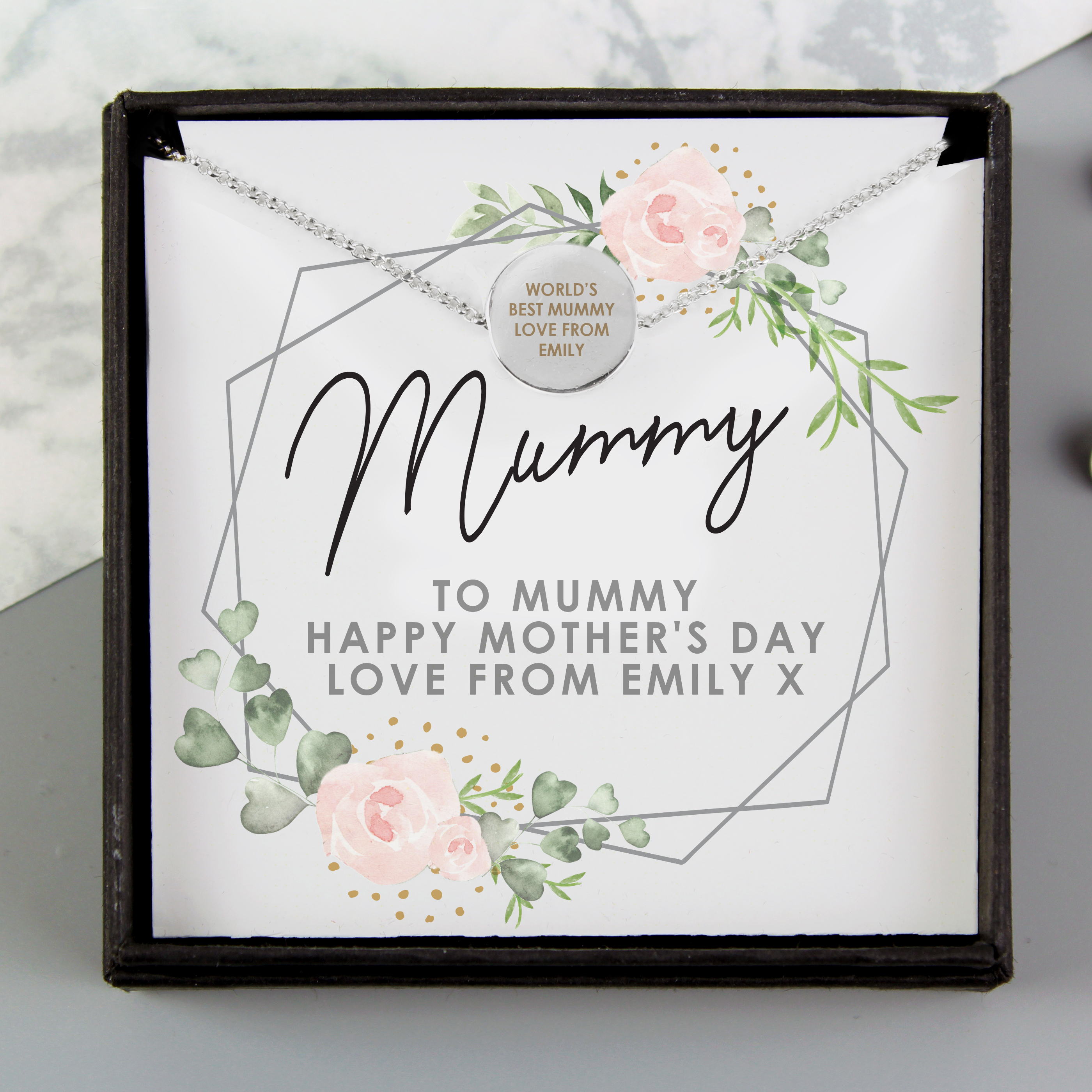 Personalised Silver Tone Abstract Necklace & Sentiment Box