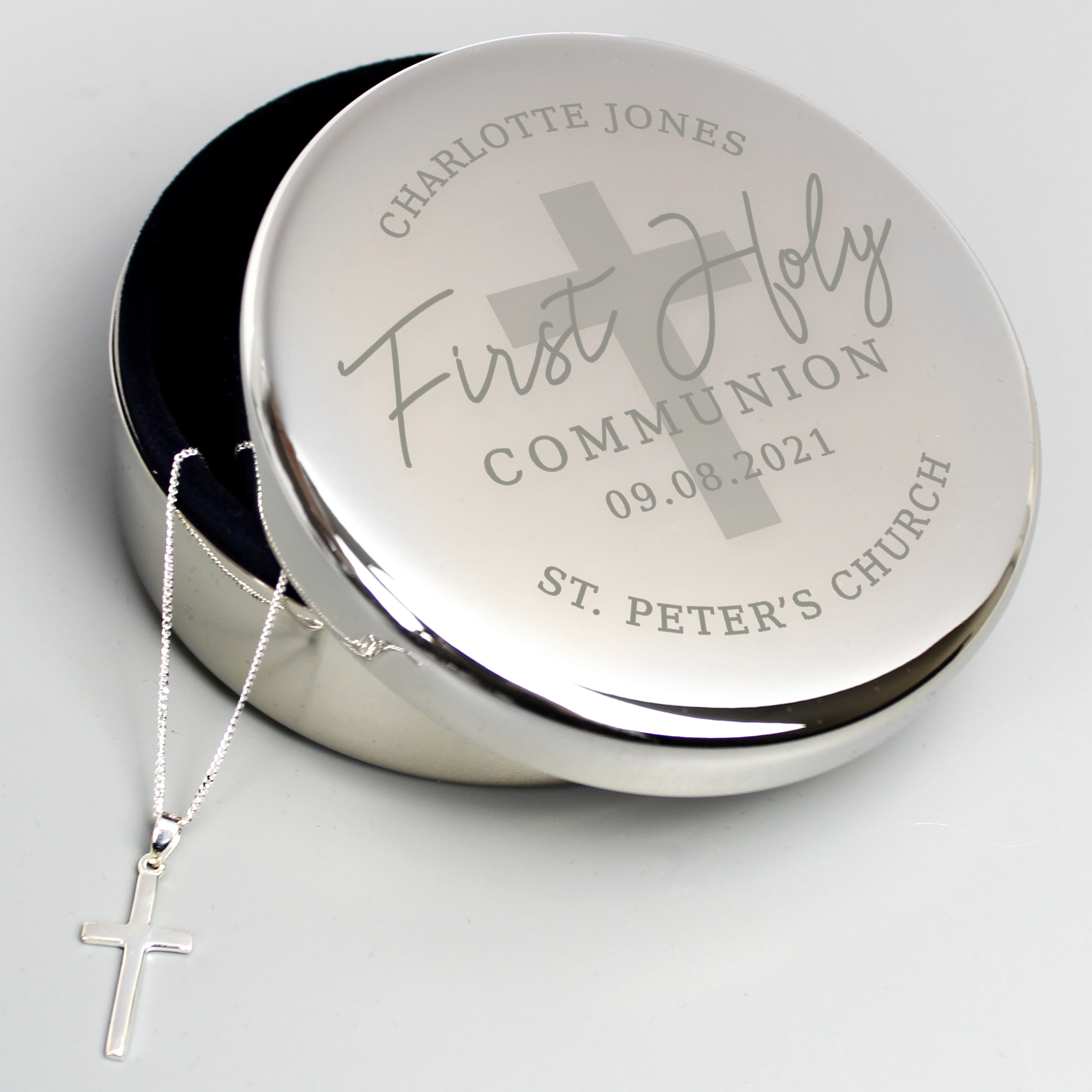 Personalised First Holy Communion Trinket Box & Cross Necklace Gift Set