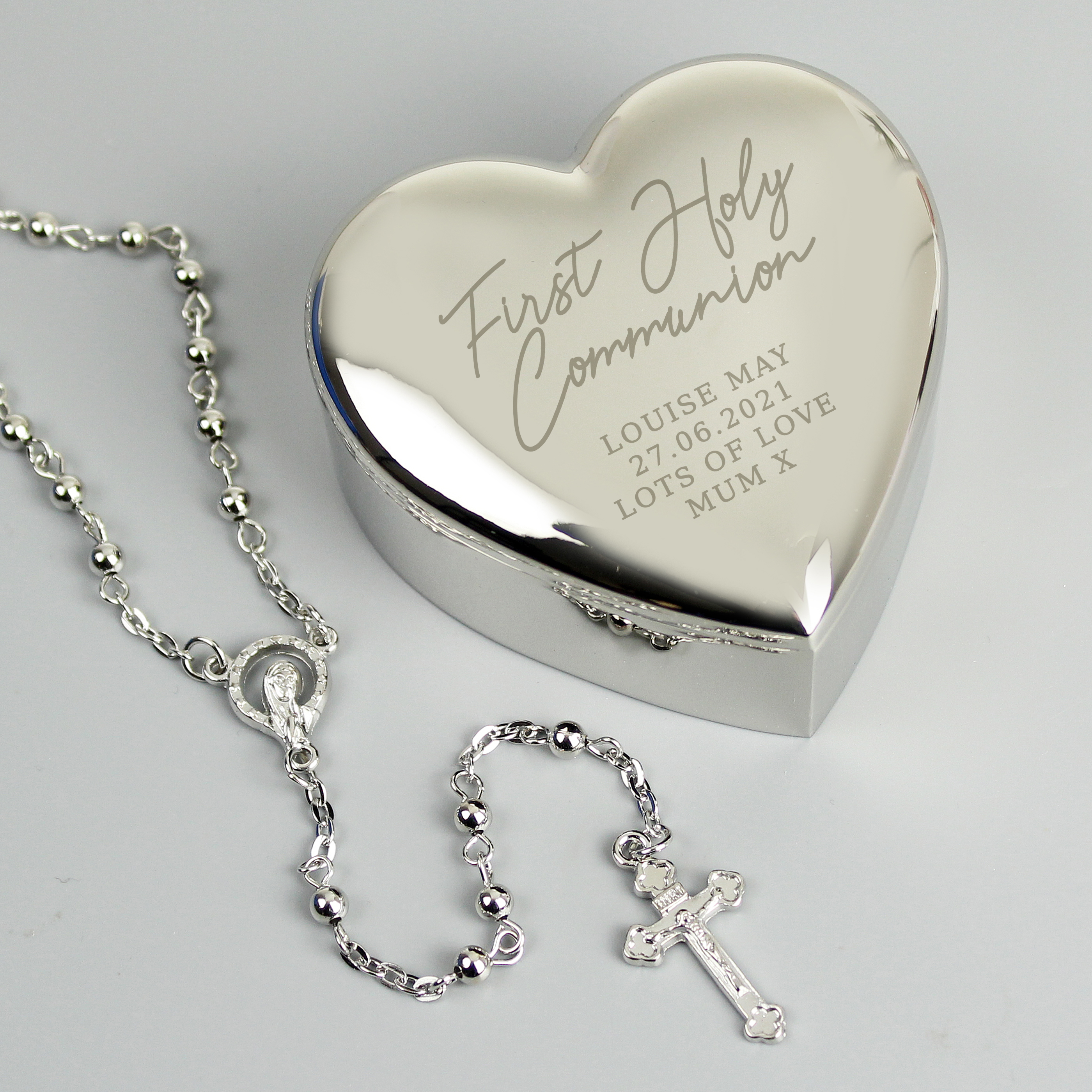 Personalised First Holy Communion Heart Trinket Box & Rosary Beads