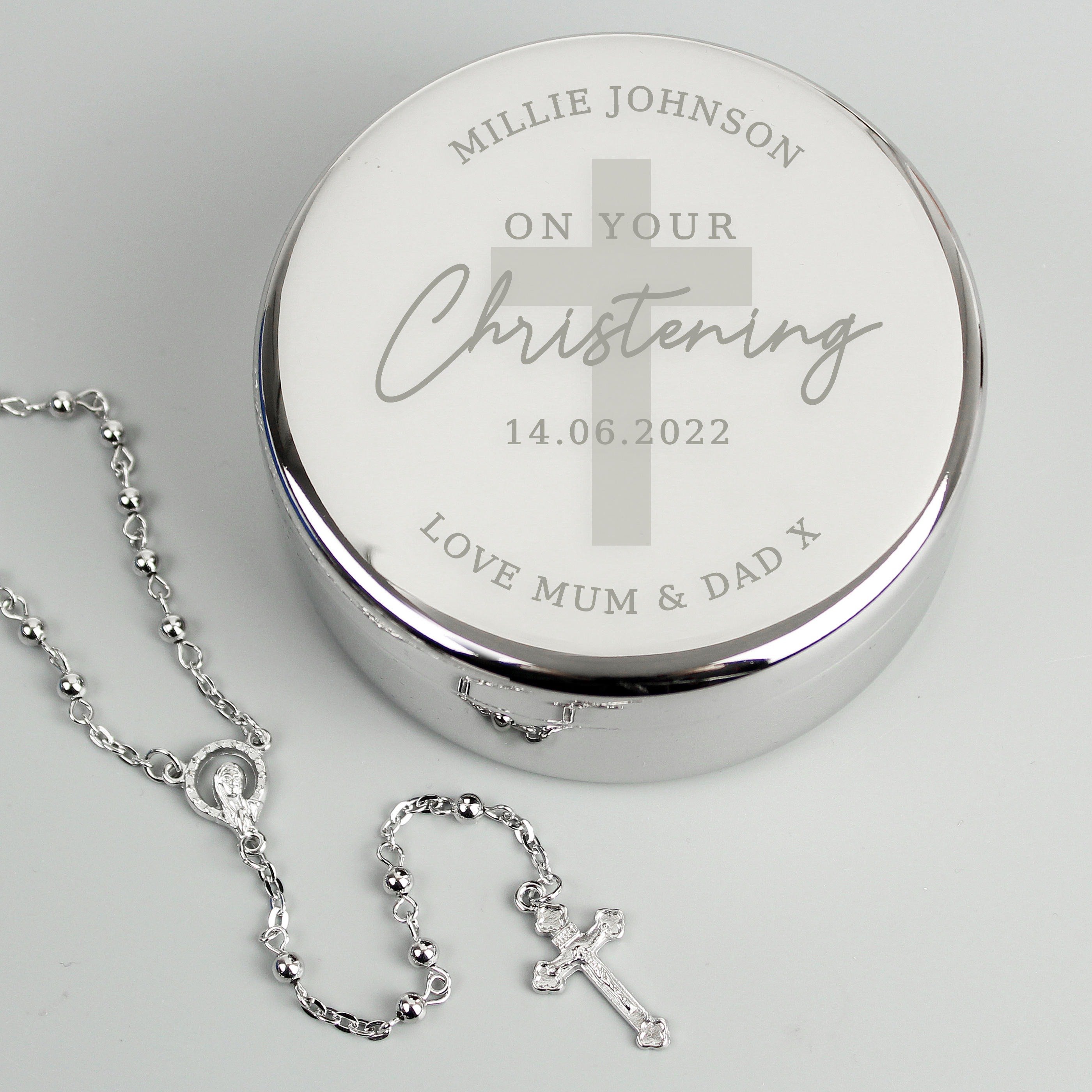 Personalised Christening Trinket Box & Rosary Beads Set