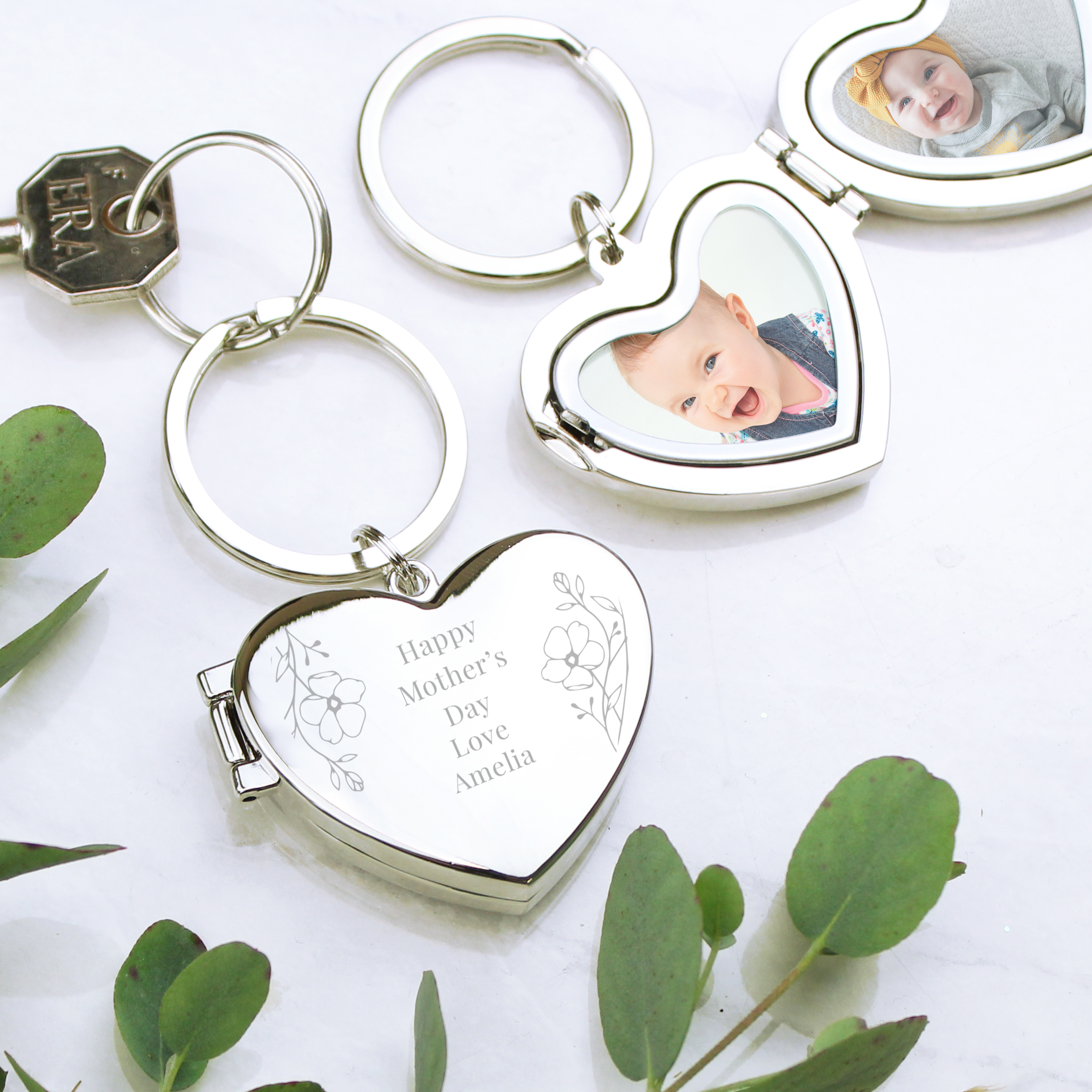 Personalised Heart Photo Frame Keyring | Silver Floral Design