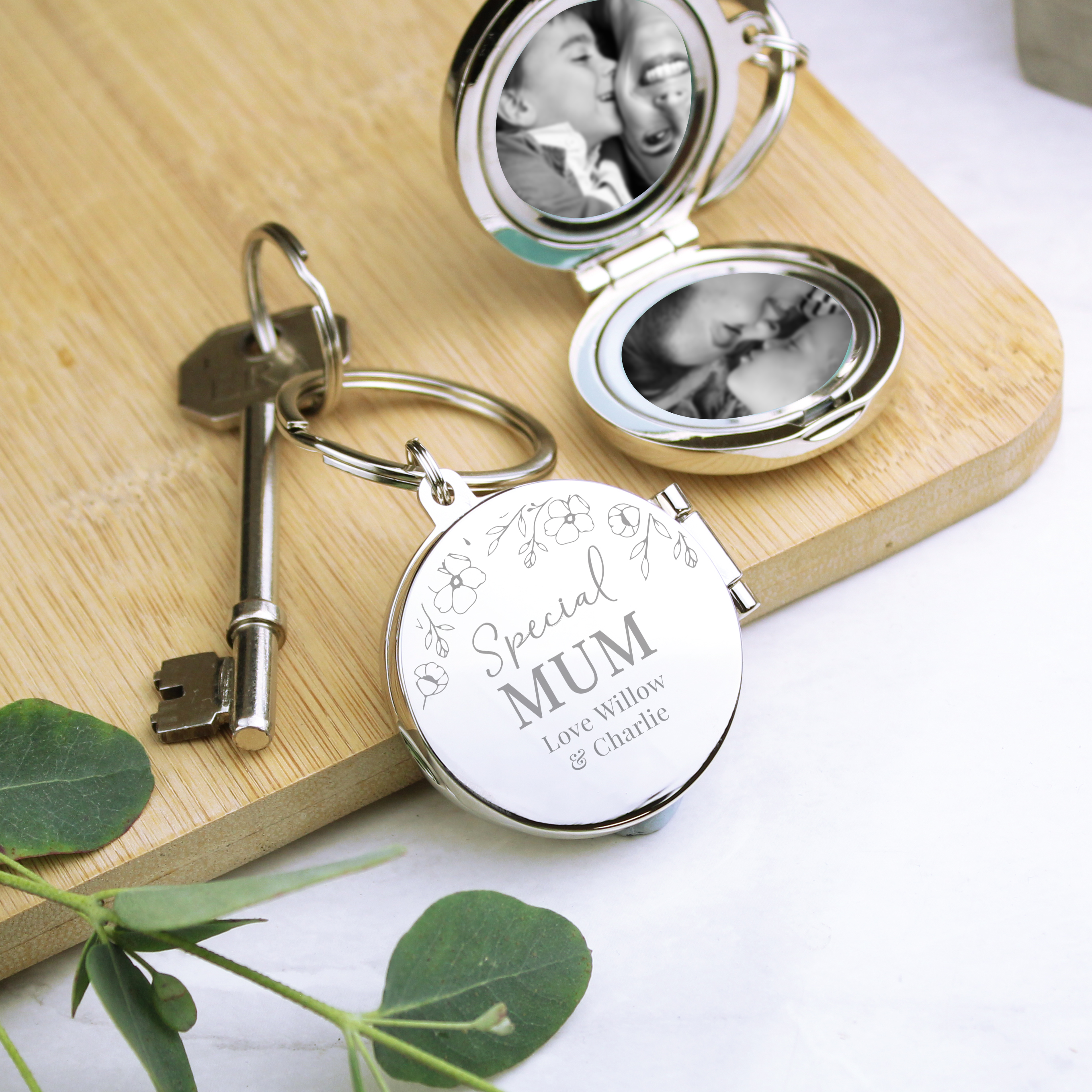 Personalised Round Photo Keyring | Silver Floral Frame Design