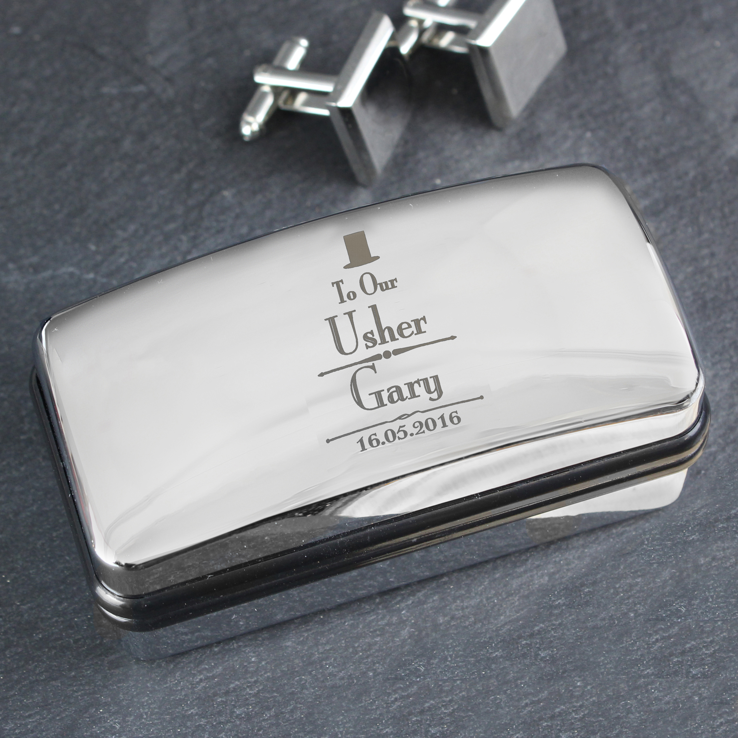 Personalised Wedding Usher Cufflink Box - Chrome Engraved Gift