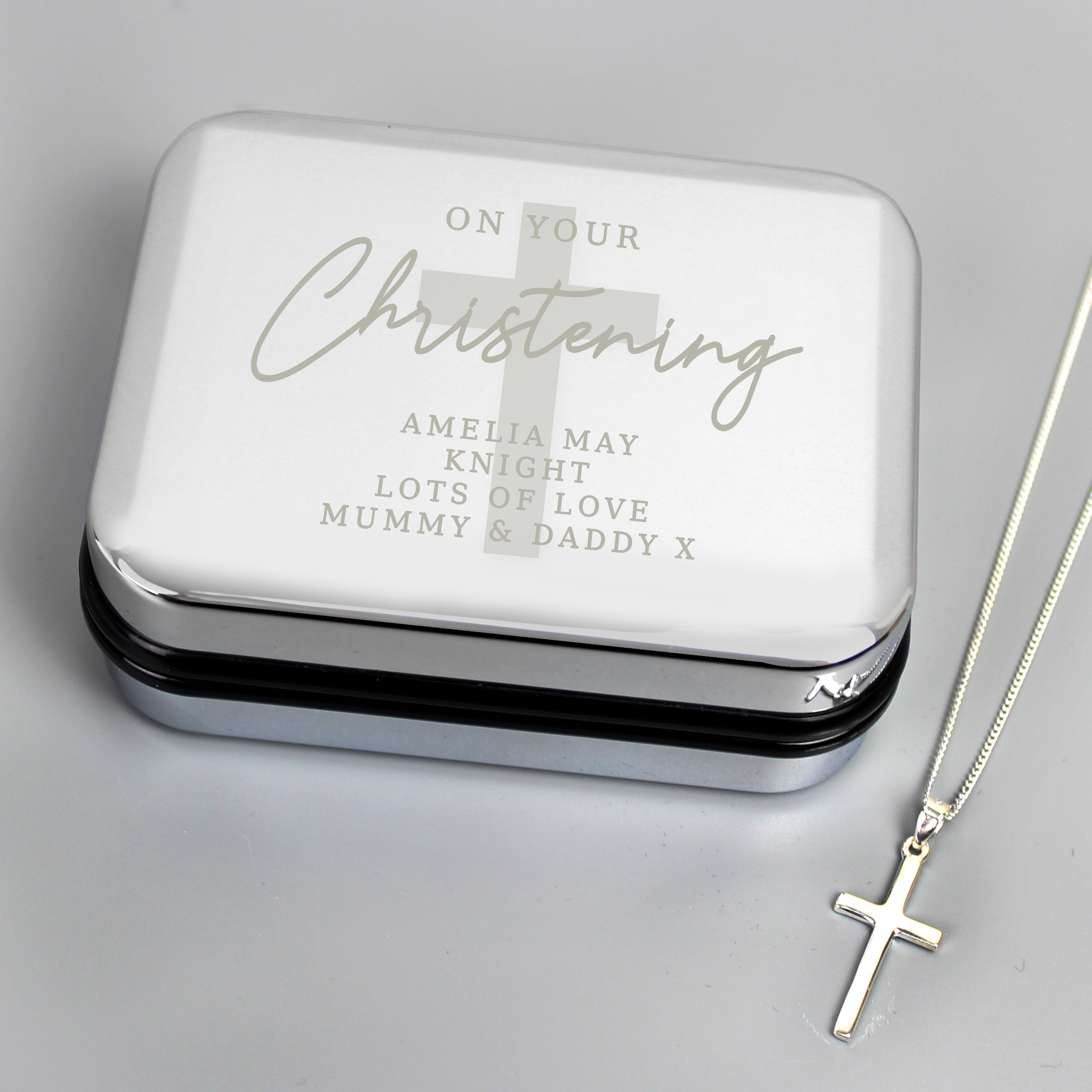Personalised Christening Trinket Box & Cross Necklace Gift Set