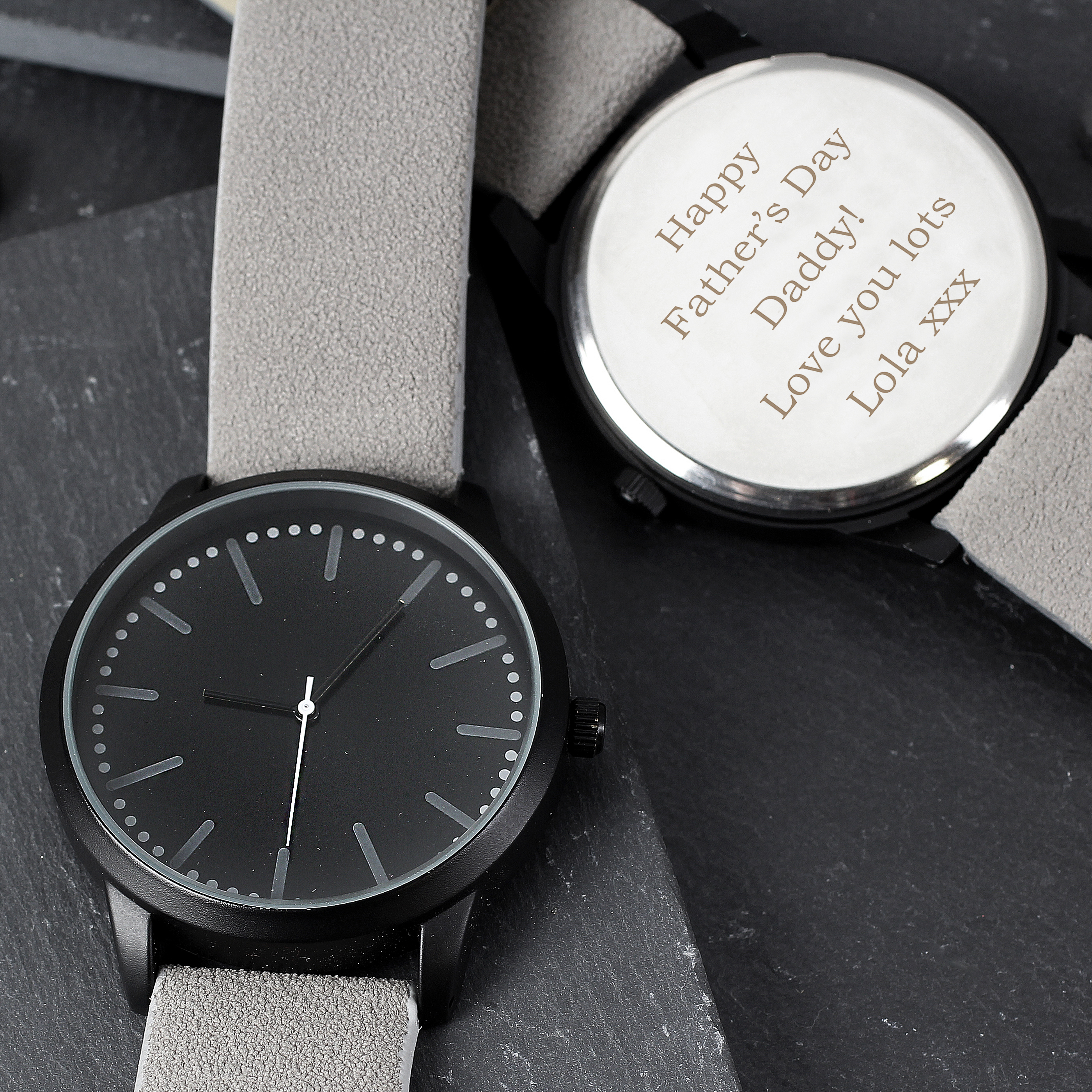 Personalised Men's Matte Black Watch with Grey Strap