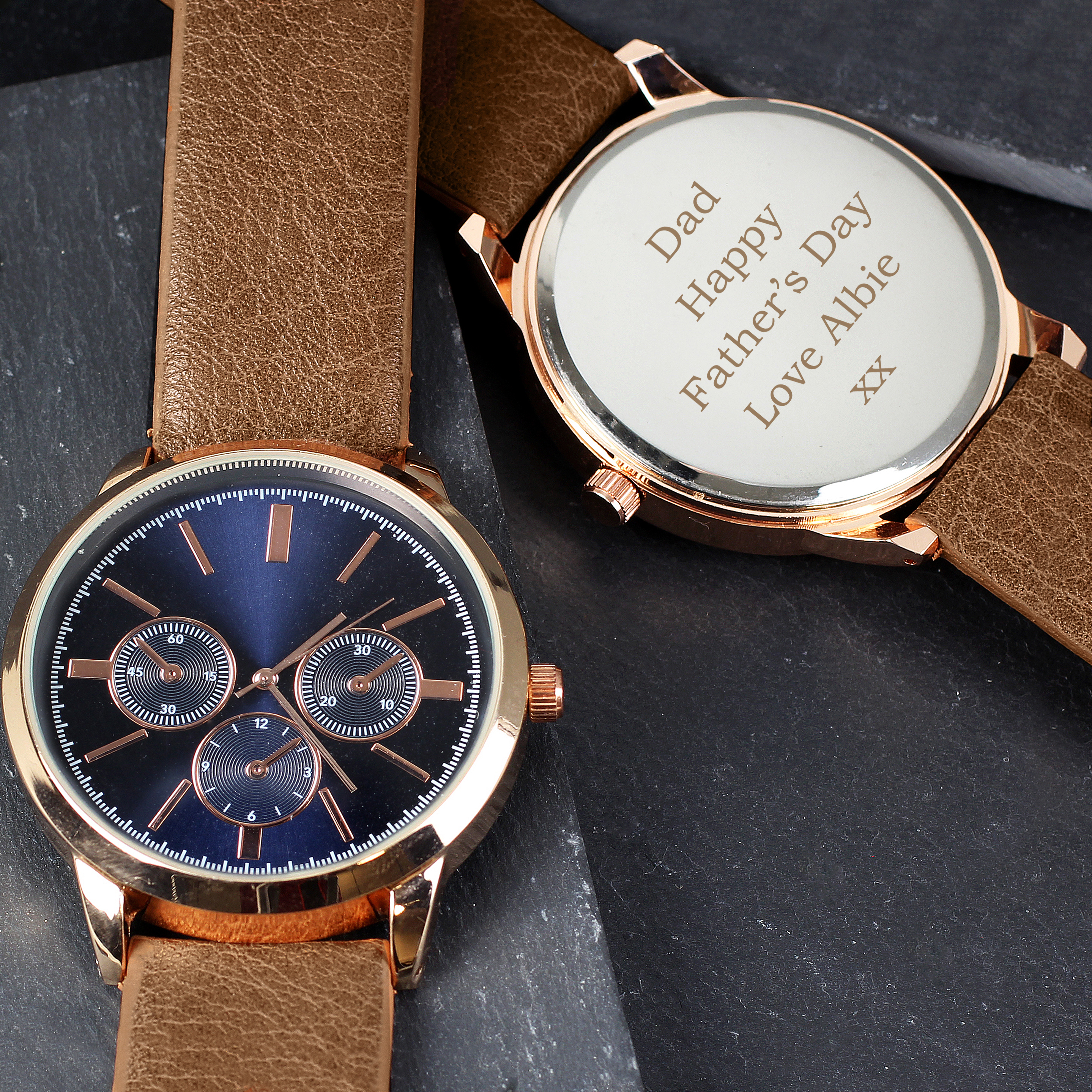 Personalised Men's Rose Gold Tone Watch with Brown Strap