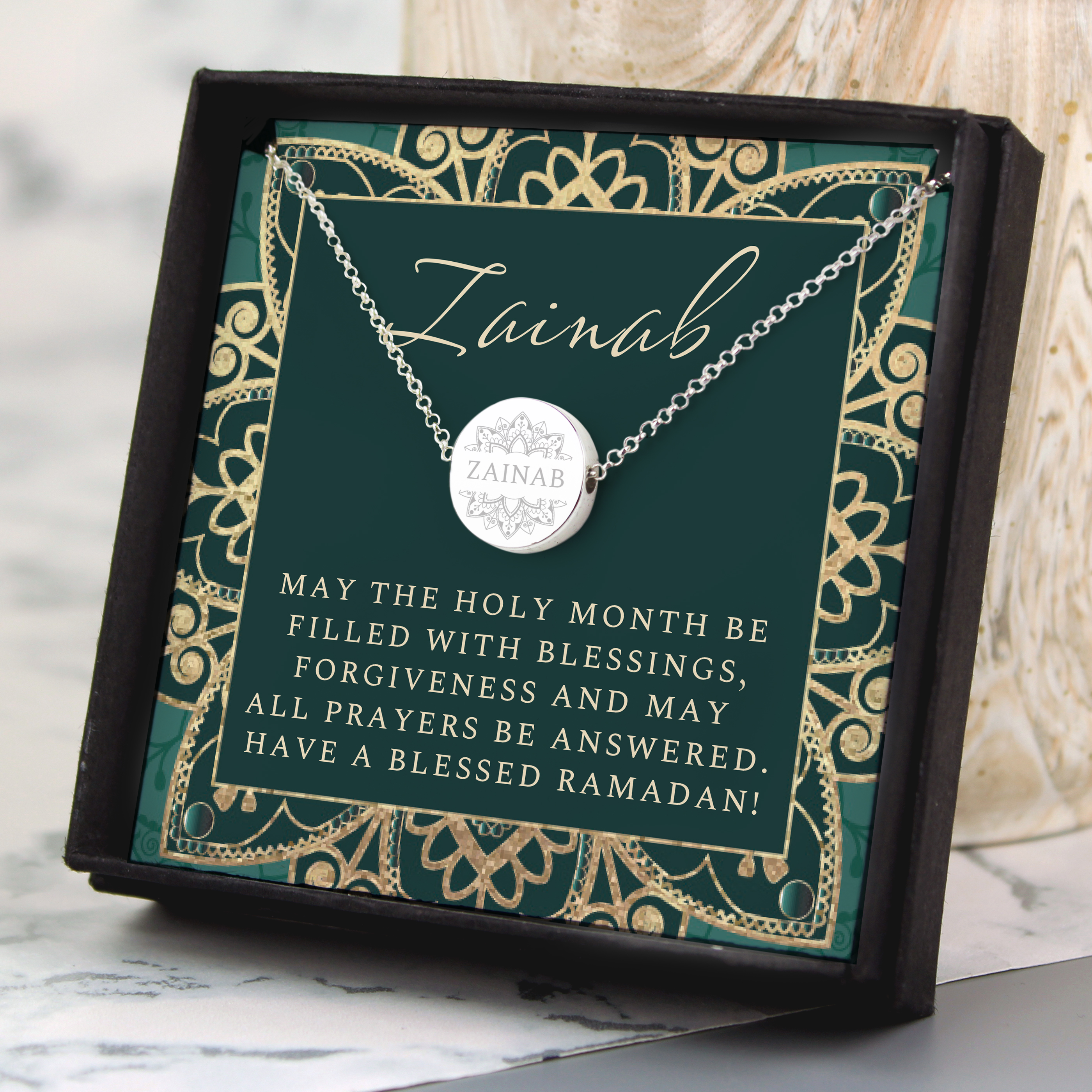 Personalised Eid & Ramadan Silver Disc Necklace with Card