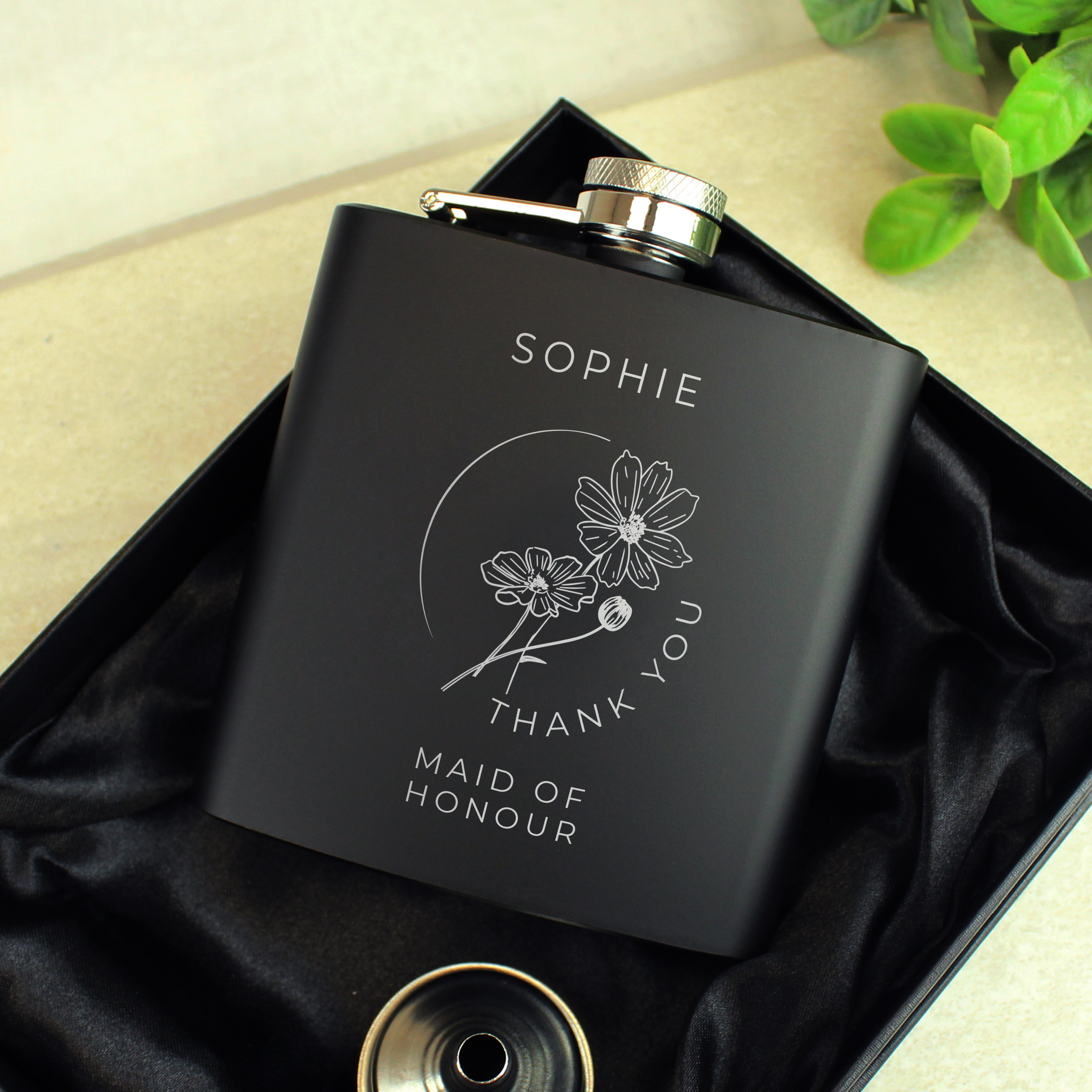 Personalised Monochrome Floral Wedding Party Hip Flask