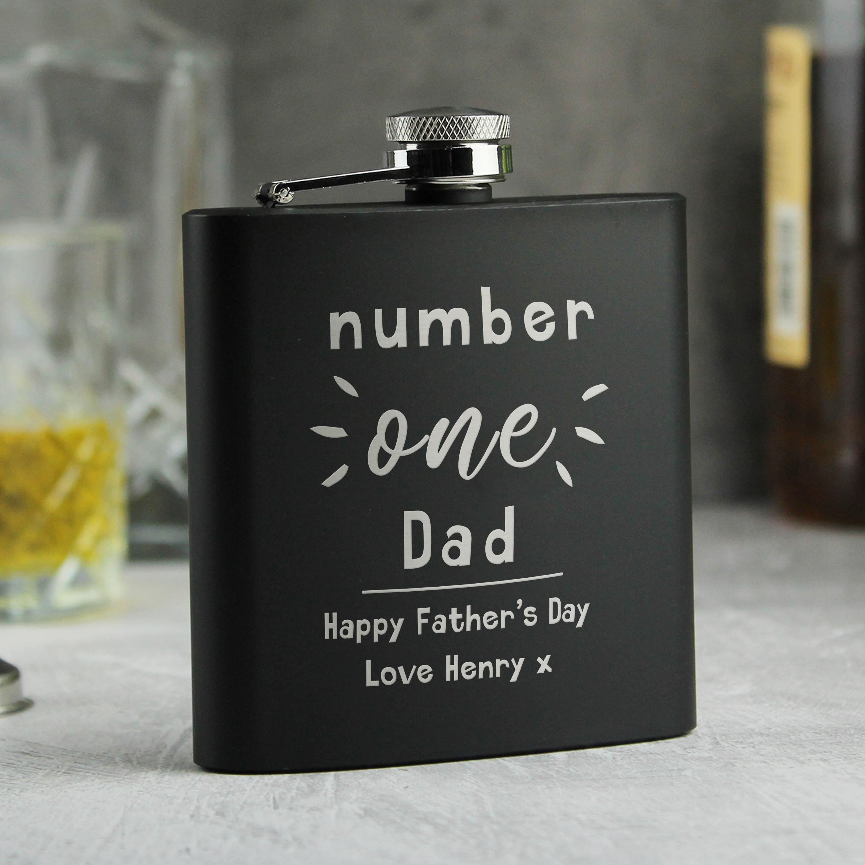 Personalised 'Number One' Black Hip Flask Gift