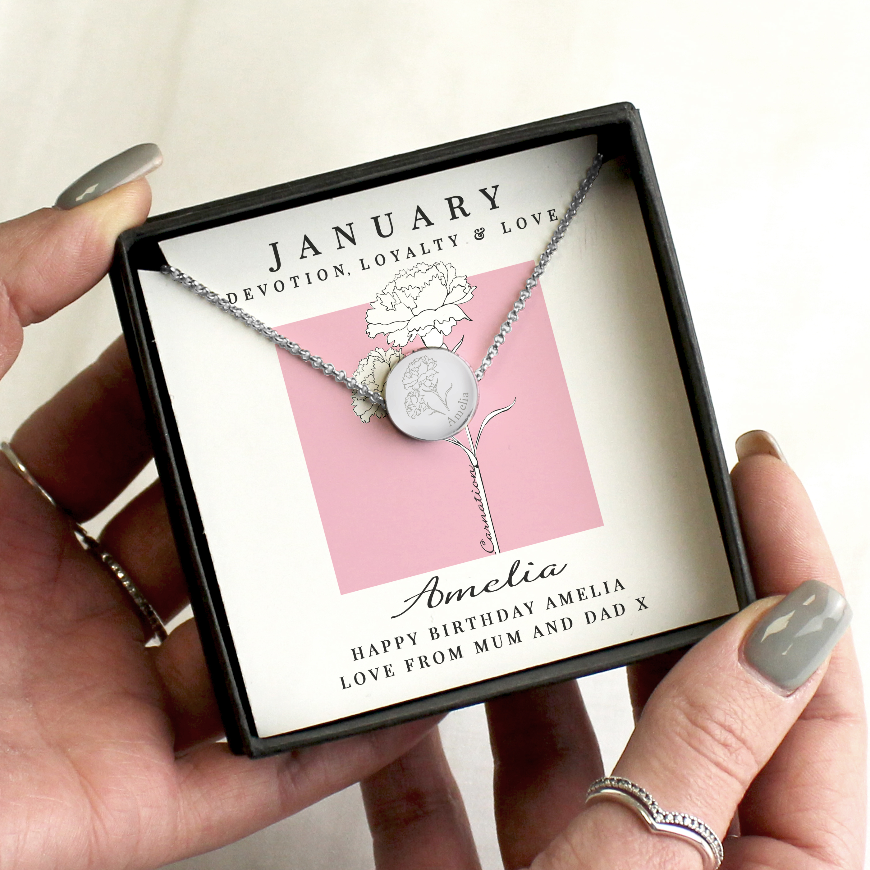 Personalised January Birth Flower Necklace - Carnation Design