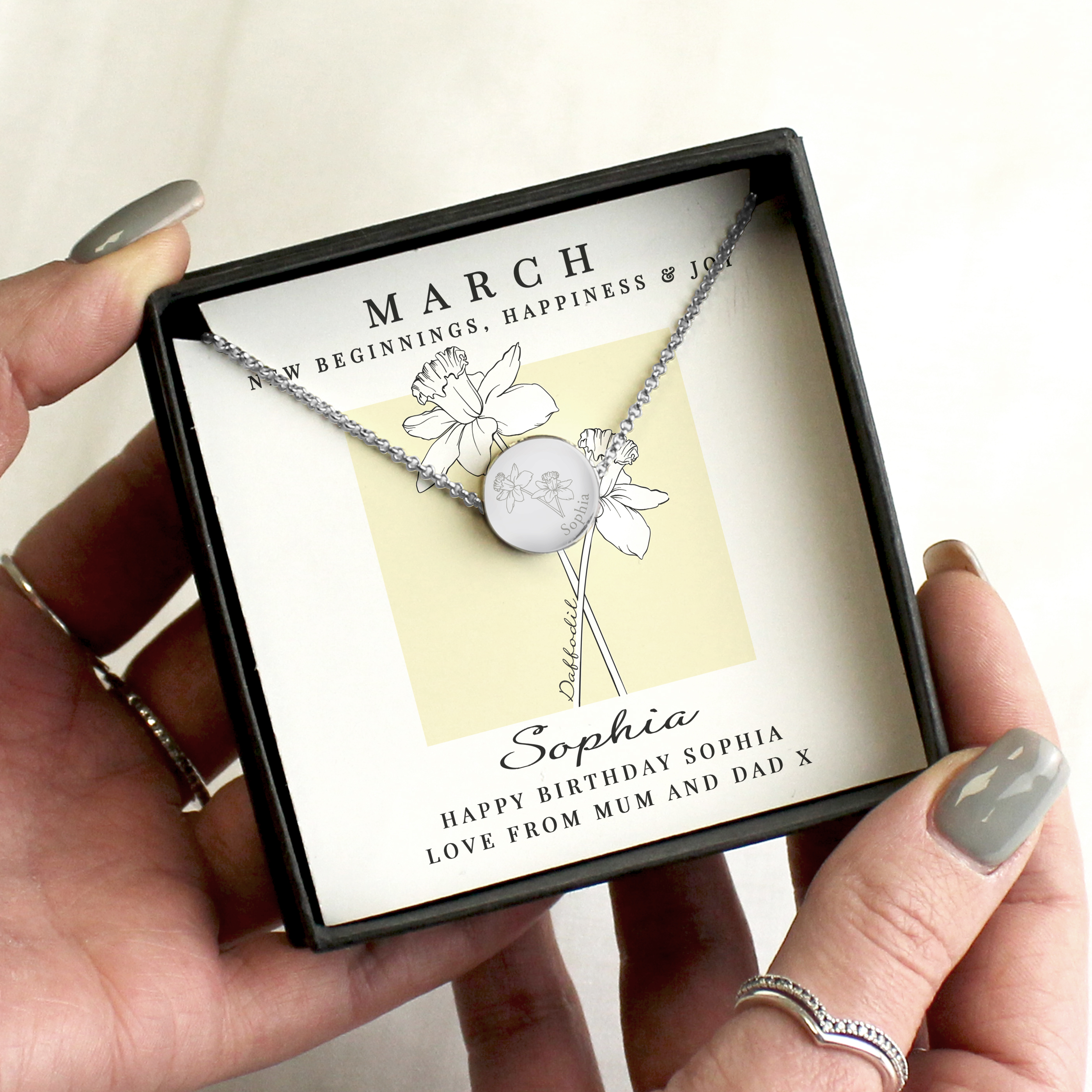 Personalised March Birth Flower Necklace - Daffodil Design with Box