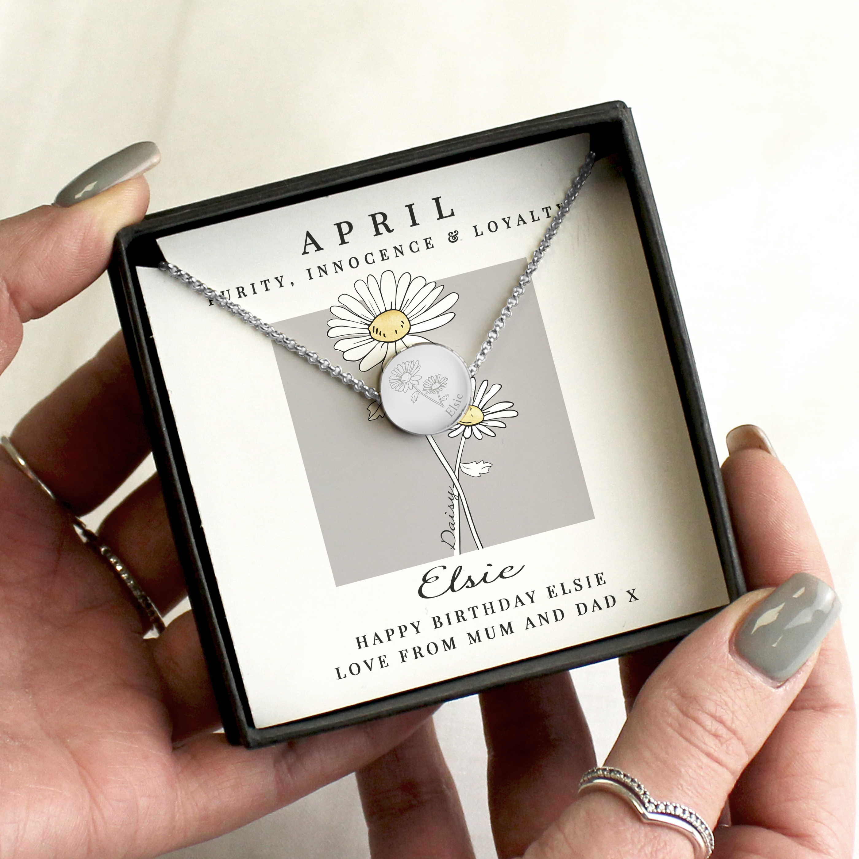 Personalised April Birth Flower Necklace - Daisy Design with Gift Box