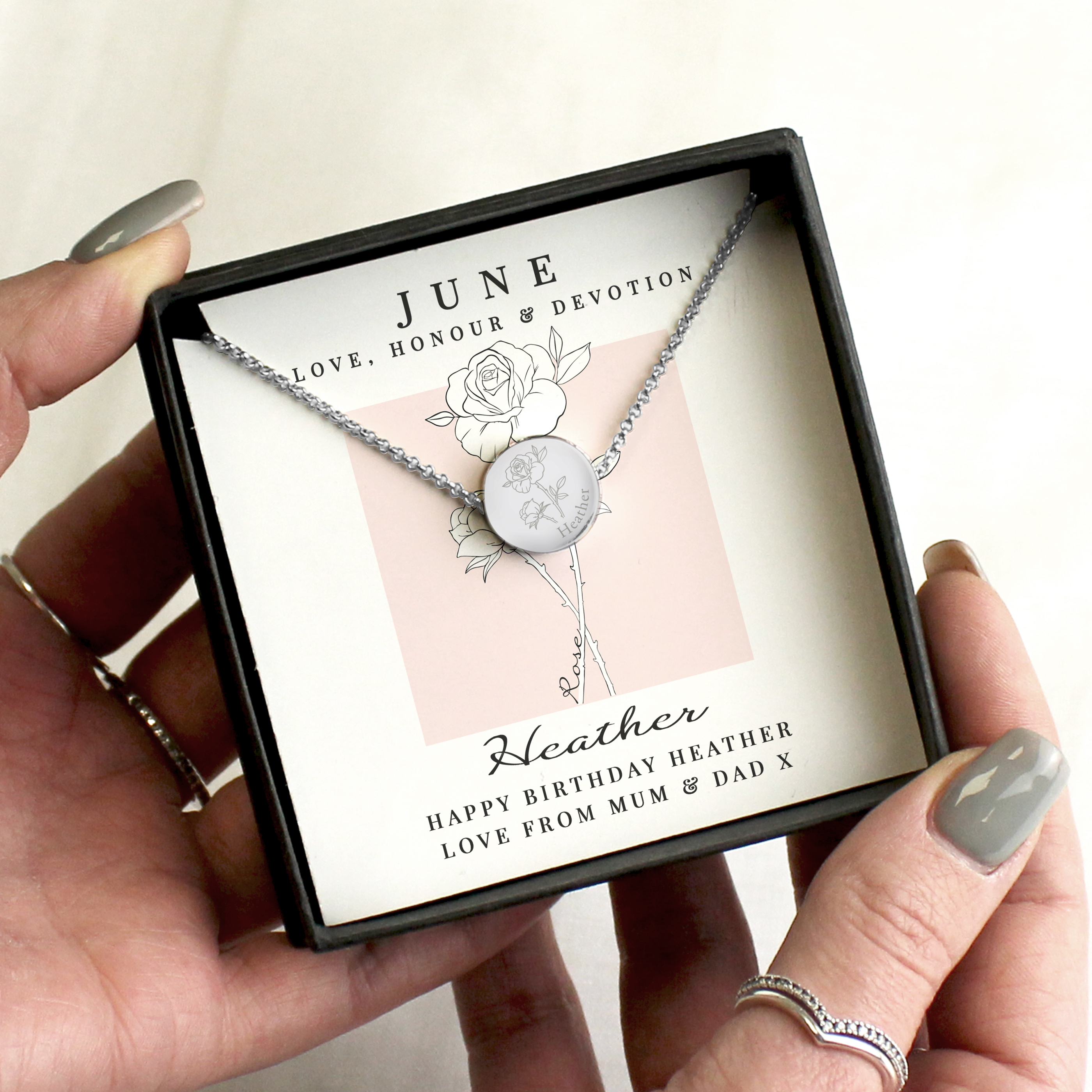 Personalised June Birth Flower Necklace - Rose Design with Gift Box