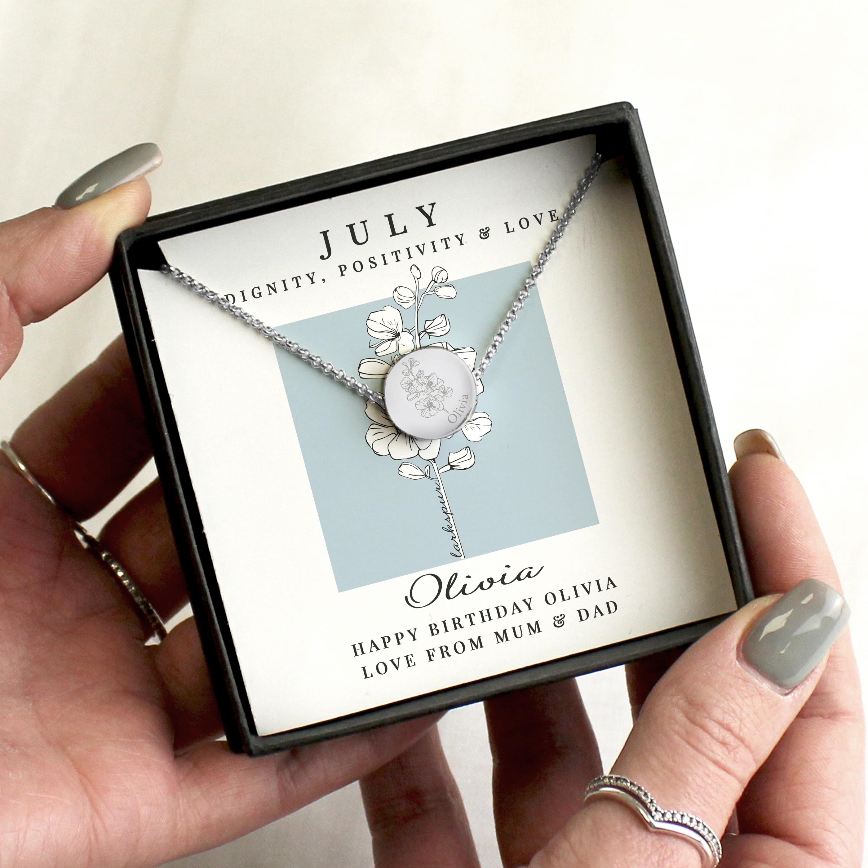 Personalised July Birth Flower Necklace - Larkspur Design with Box