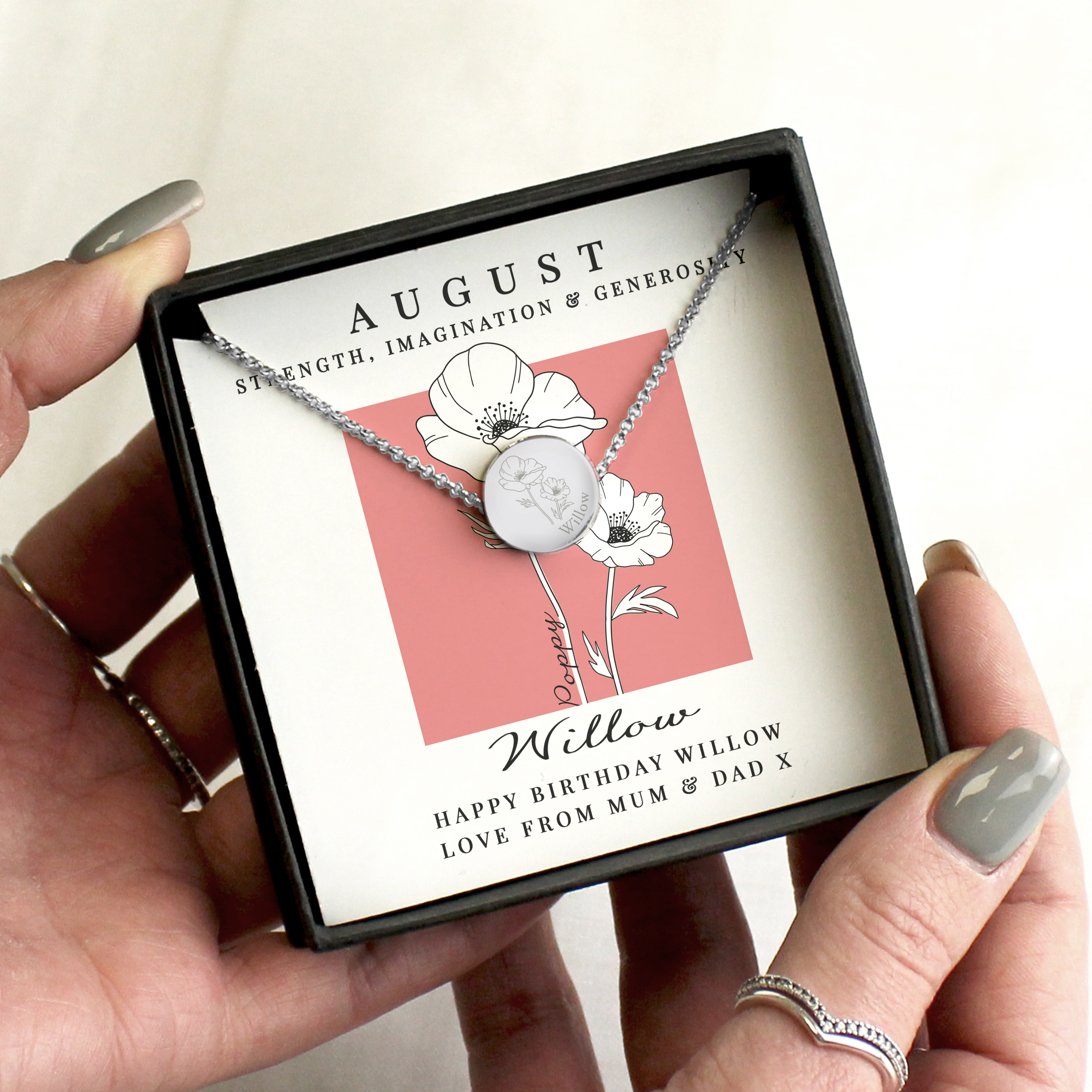 Personalised August Birth Flower Necklace - Poppy Design with Box