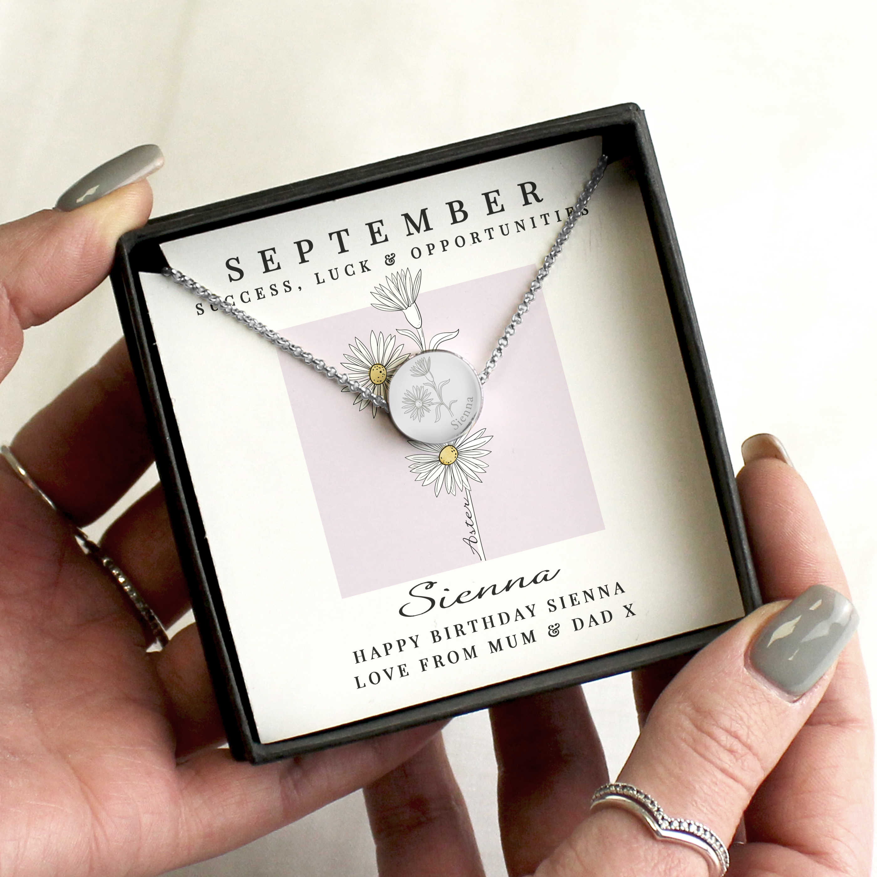 Personalised September Birth Flower Necklace with Aster Design