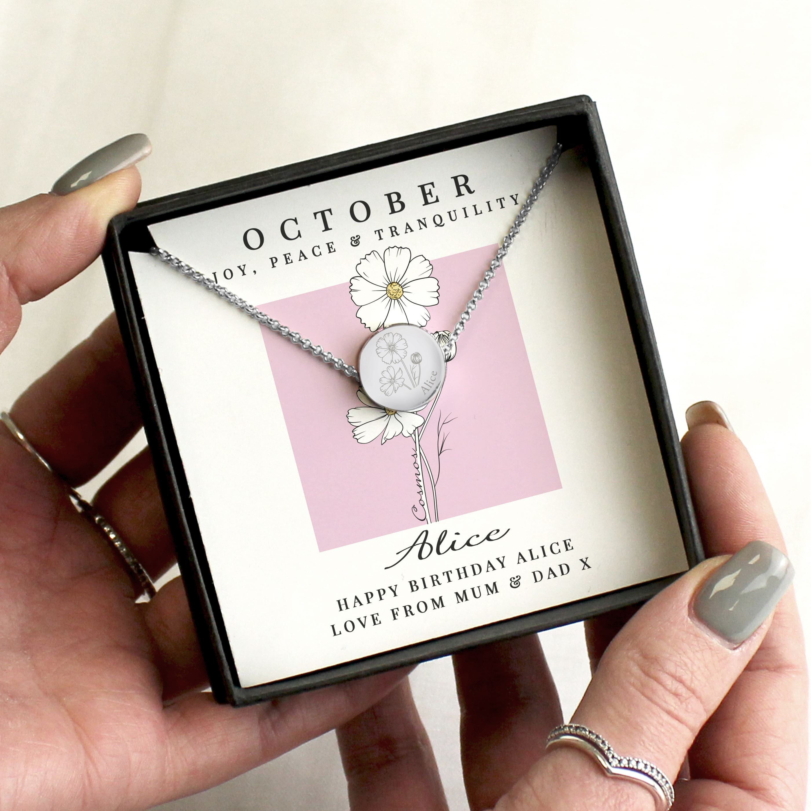 Personalised October Birth Flower Necklace with Cosmos Design