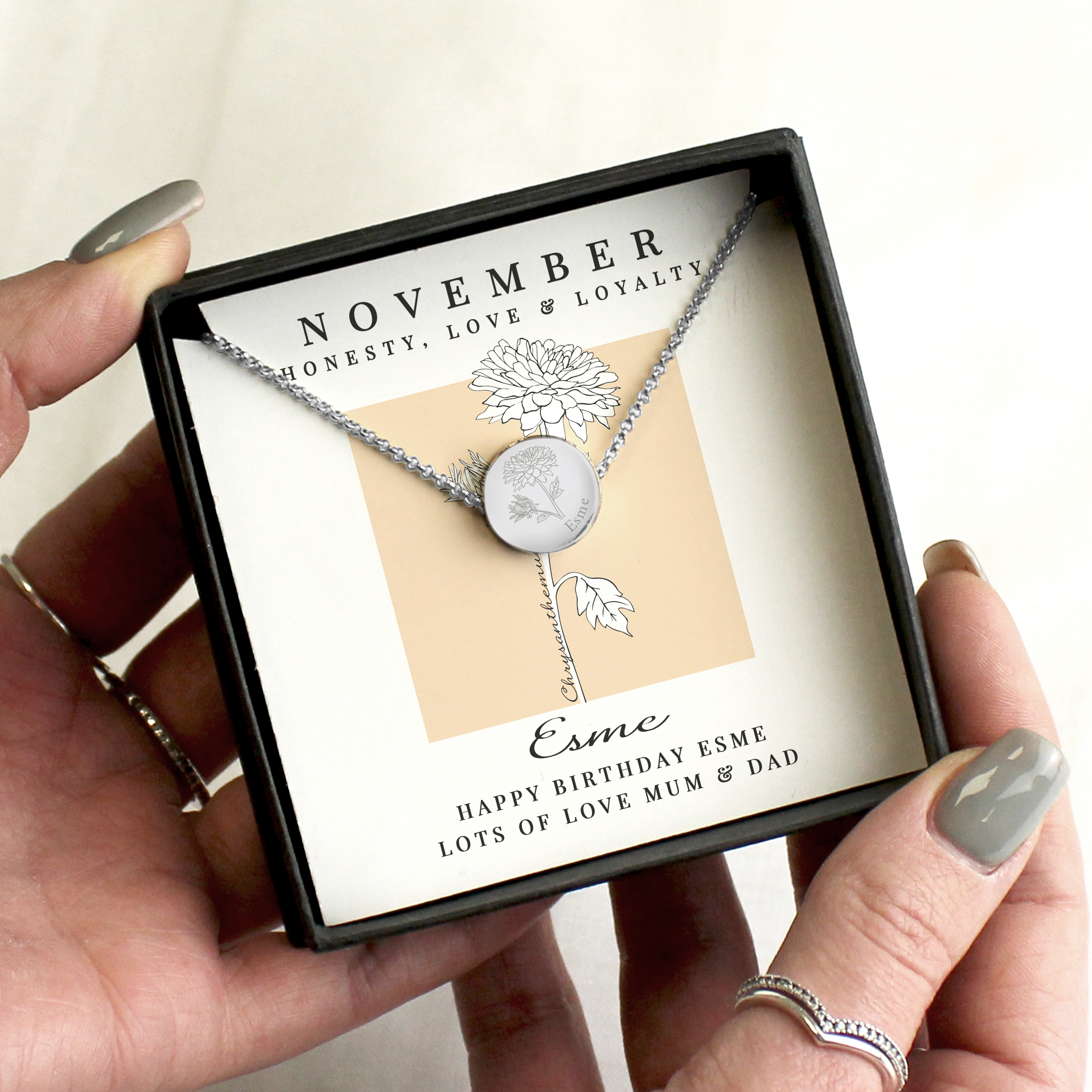 Personalised November Birth Flower Necklace - Chrysanthemum Design