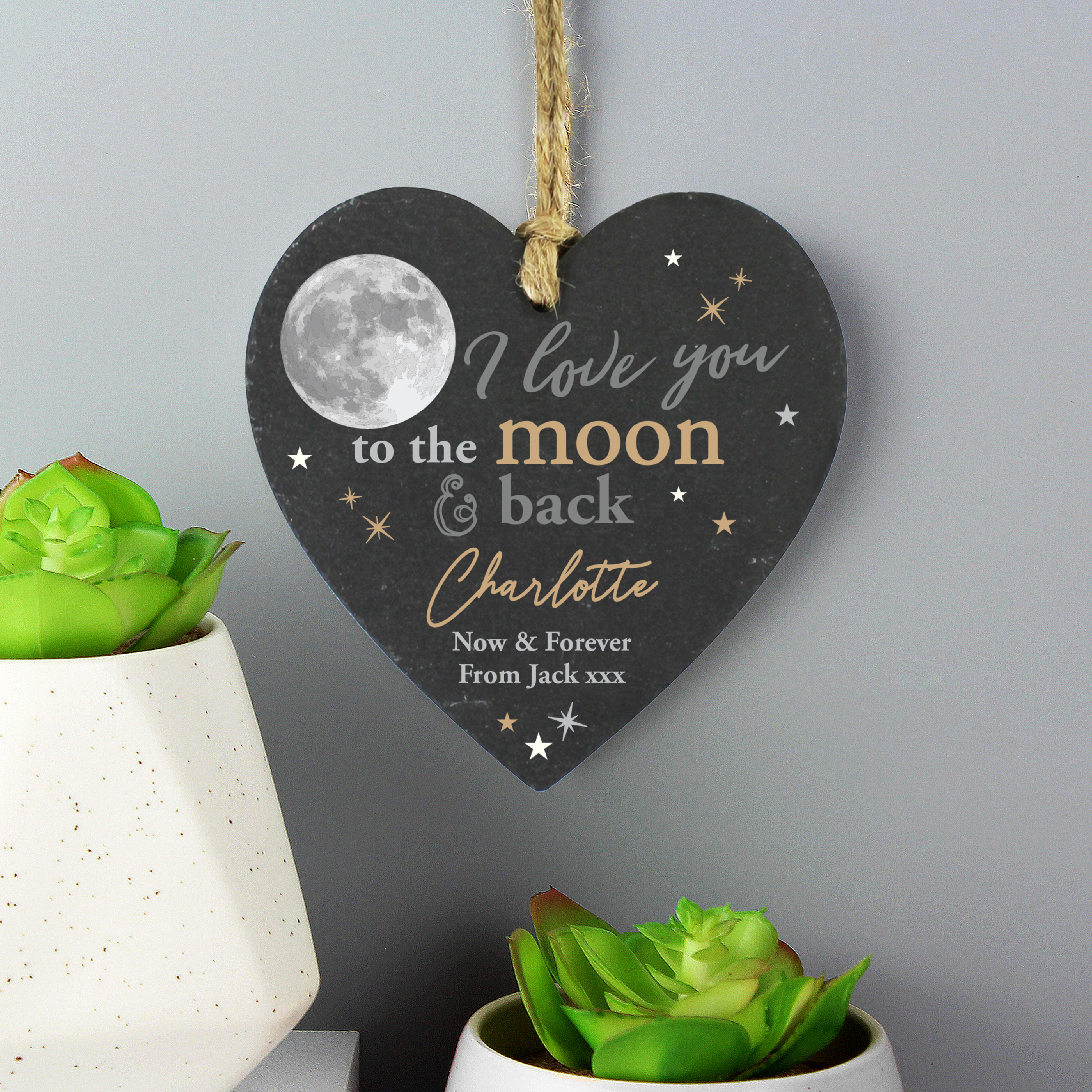 Personalised Slate Heart - Moon and Back Decoration