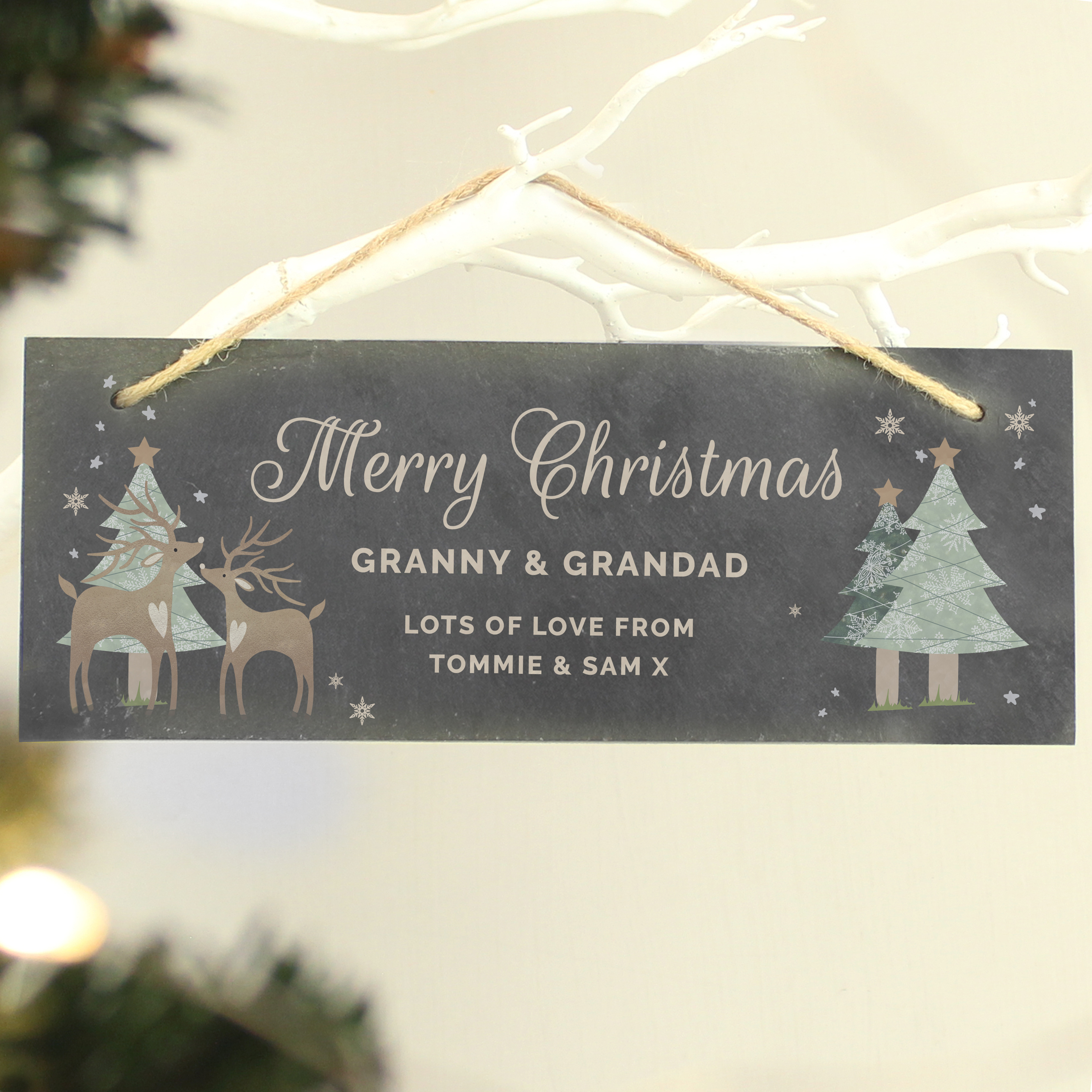 Personalised Christmas Reindeer Slate Plaque | Hanging Decoration