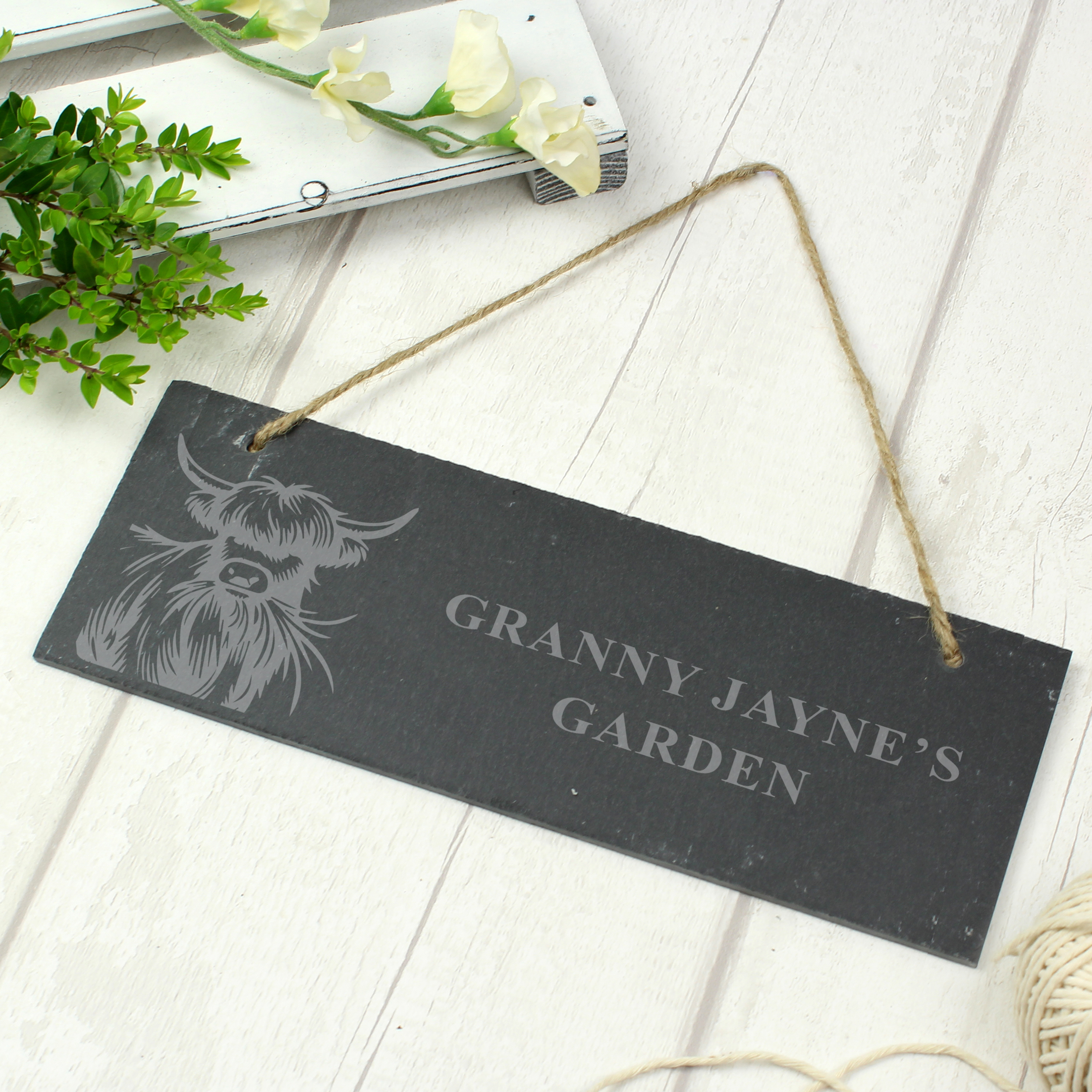 Personalised Highland Cow Slate Sign | Engraved Rustic Wall Decor