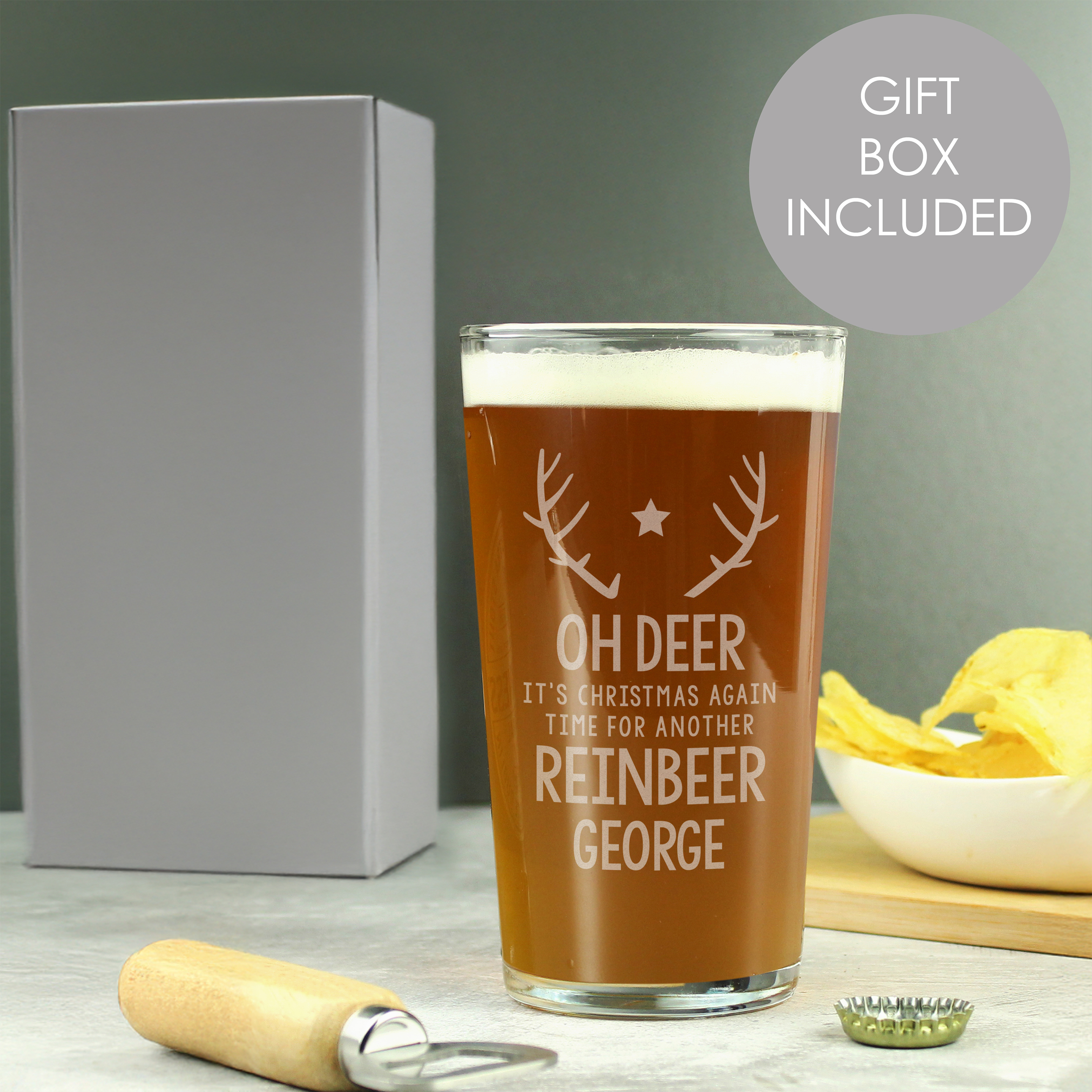 Personalised Reinbeer Christmas Pint Glass