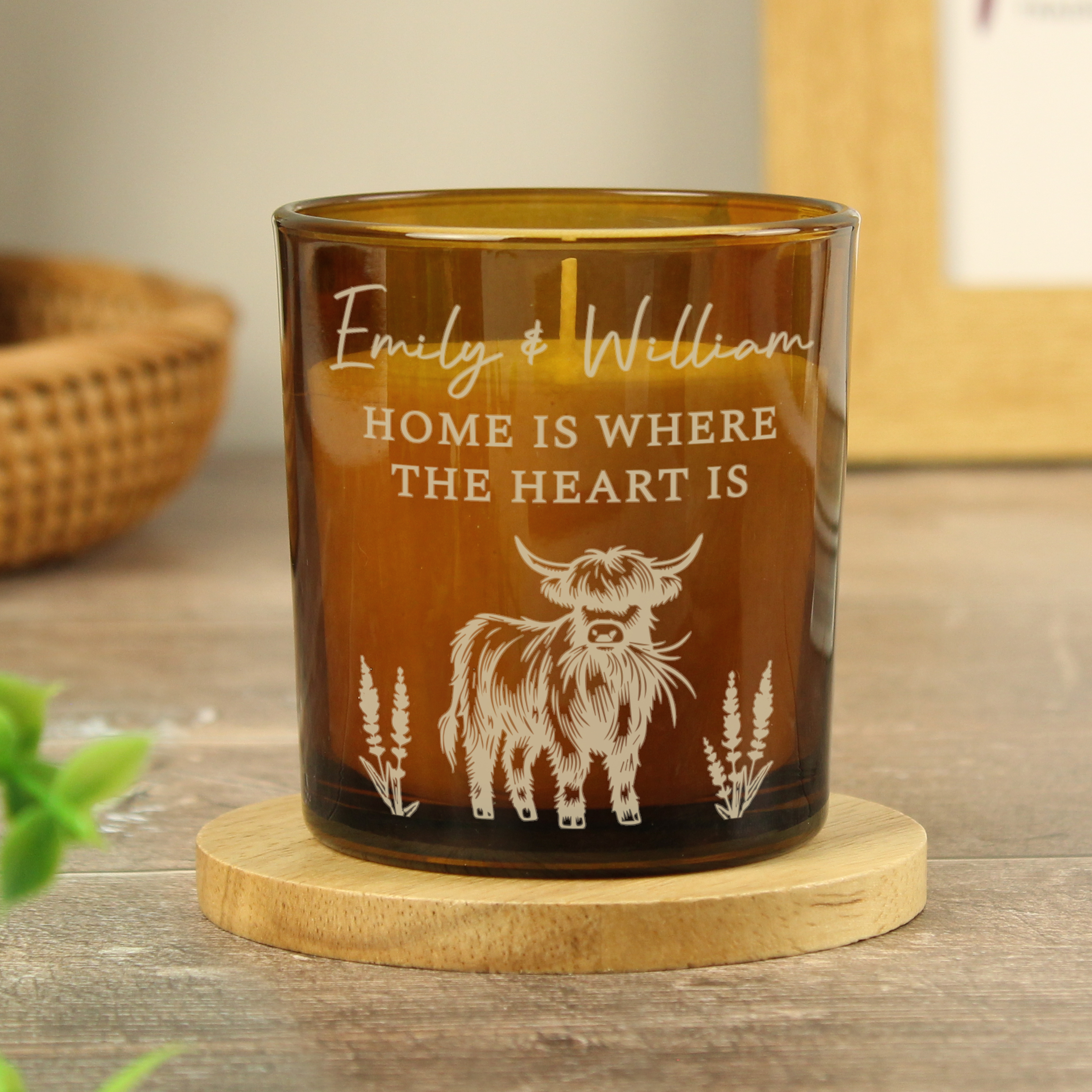 Personalised Highland Cow Amber Glass Candle - Vanilla Scented