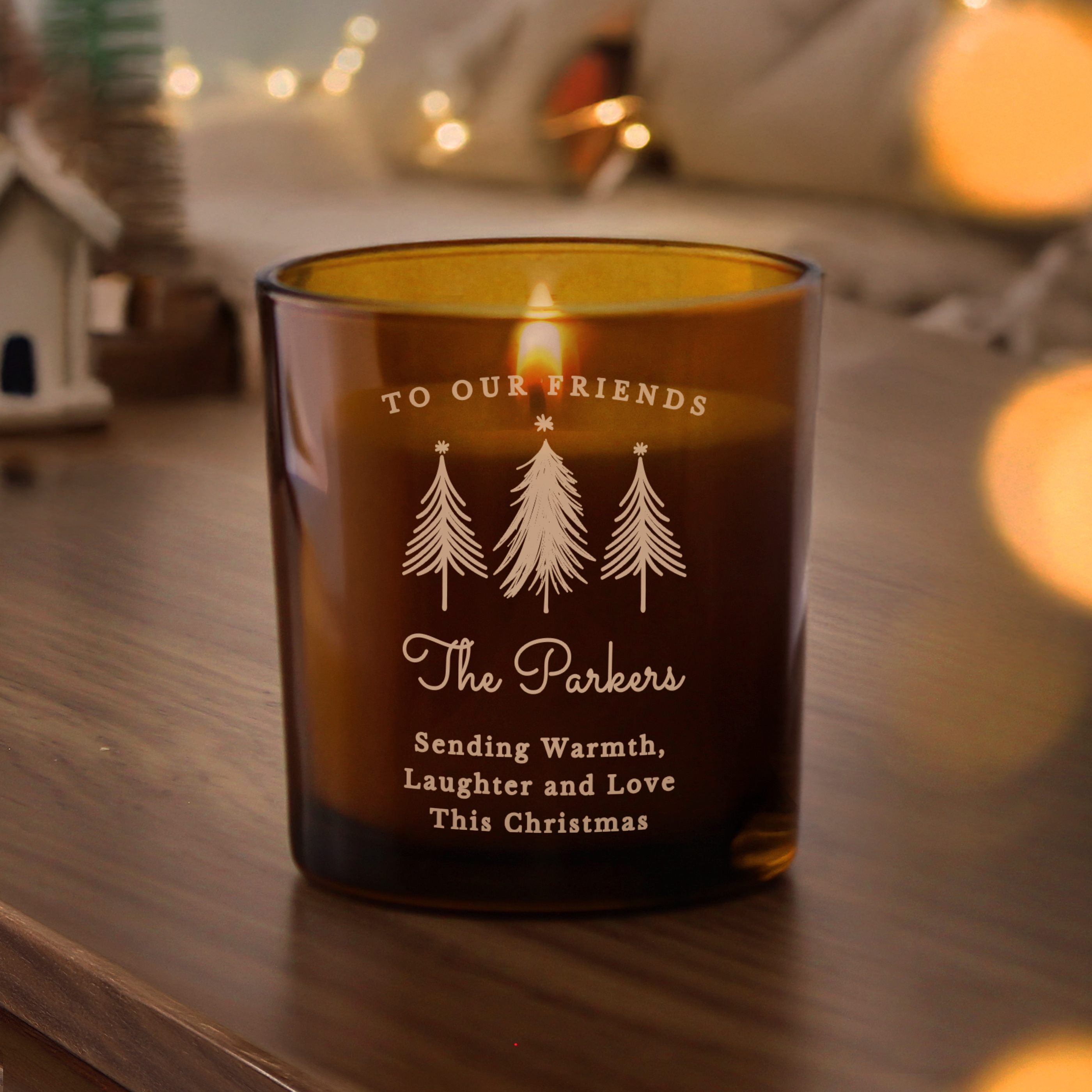 Personalised Christmas Tree Amber Glass Candle - Vanilla Scented