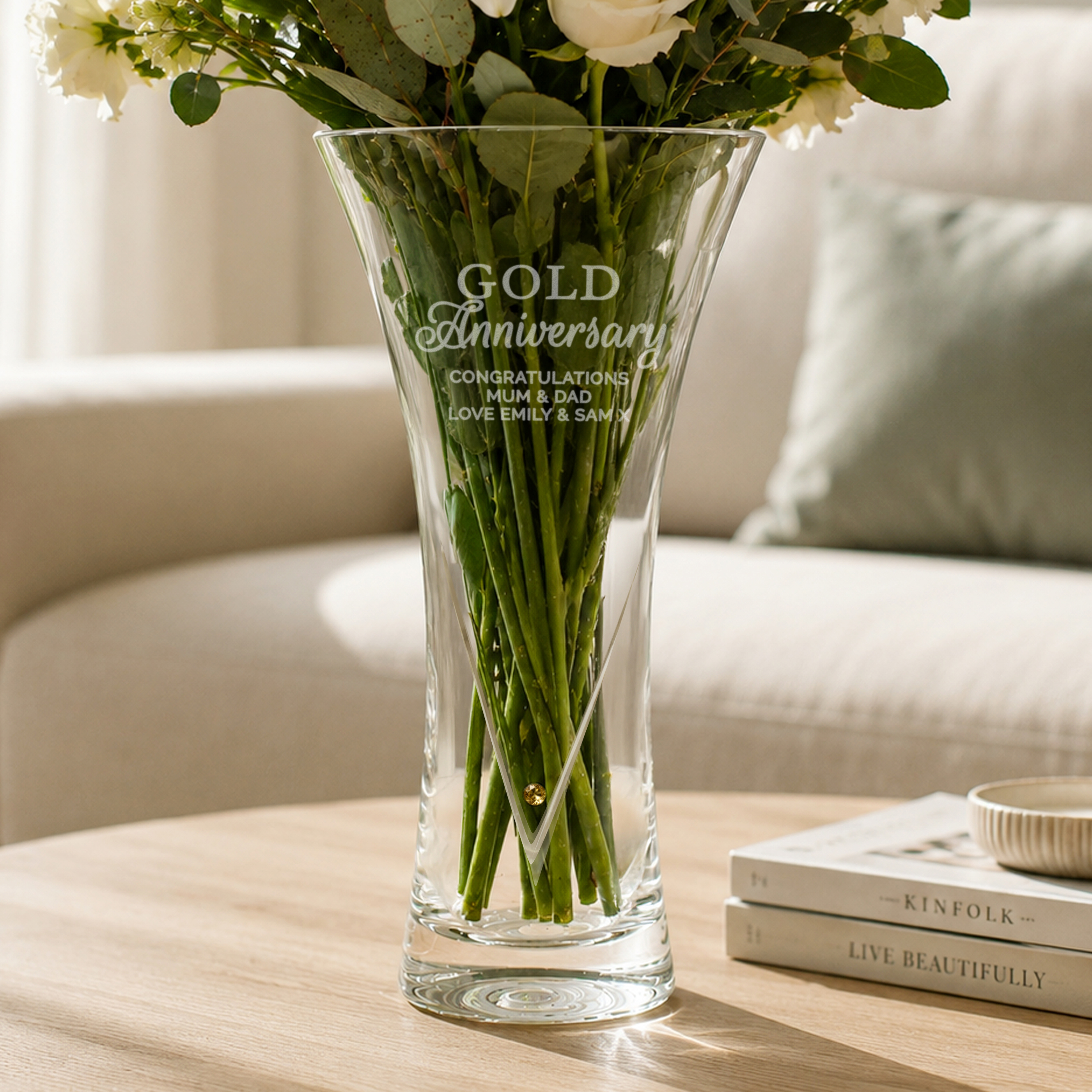 Personalised Gold Anniversary Large Hand Cut Diamond Effect Heart Vase