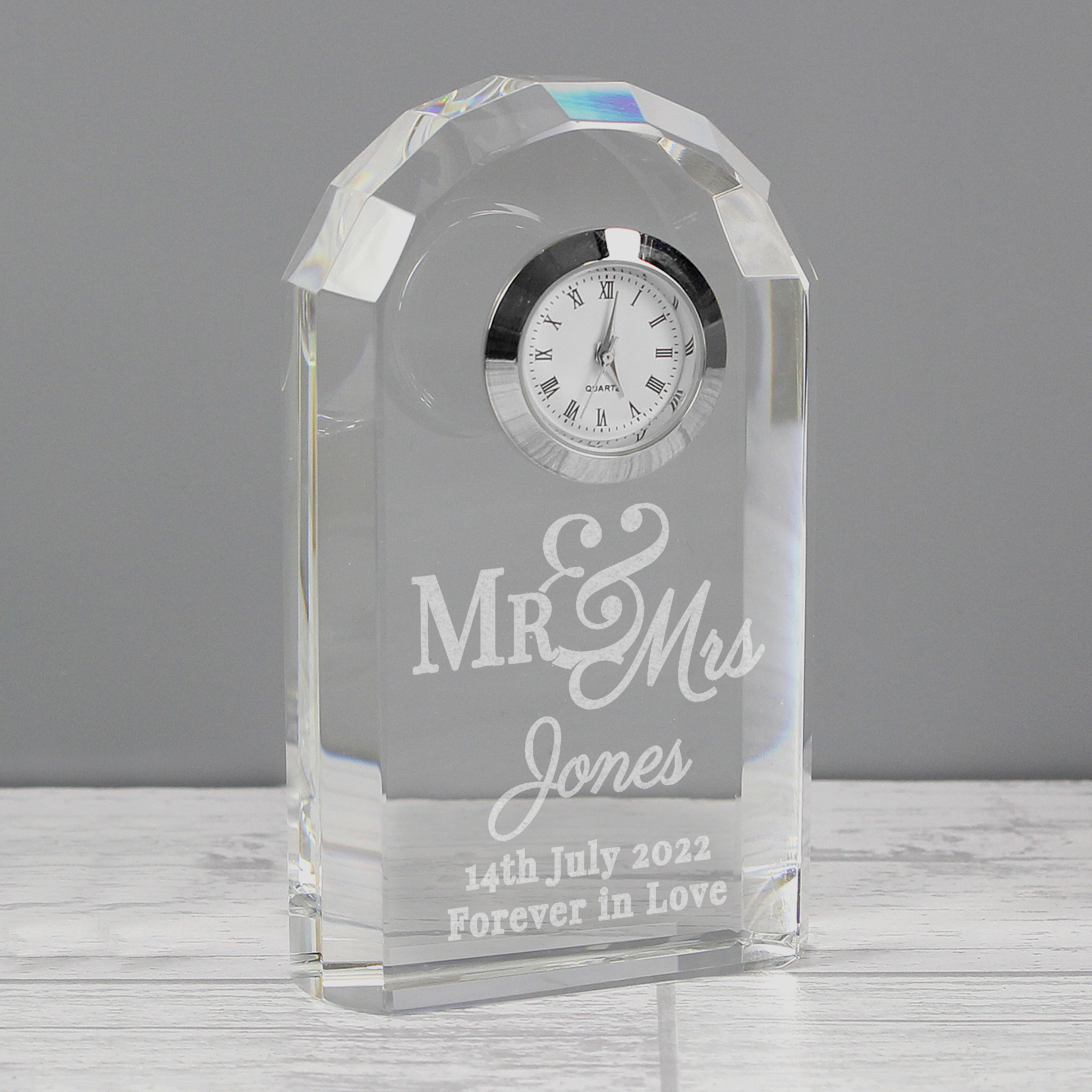 Personalised Mr & Mrs Crystal Clock | Custom Engraved Gift