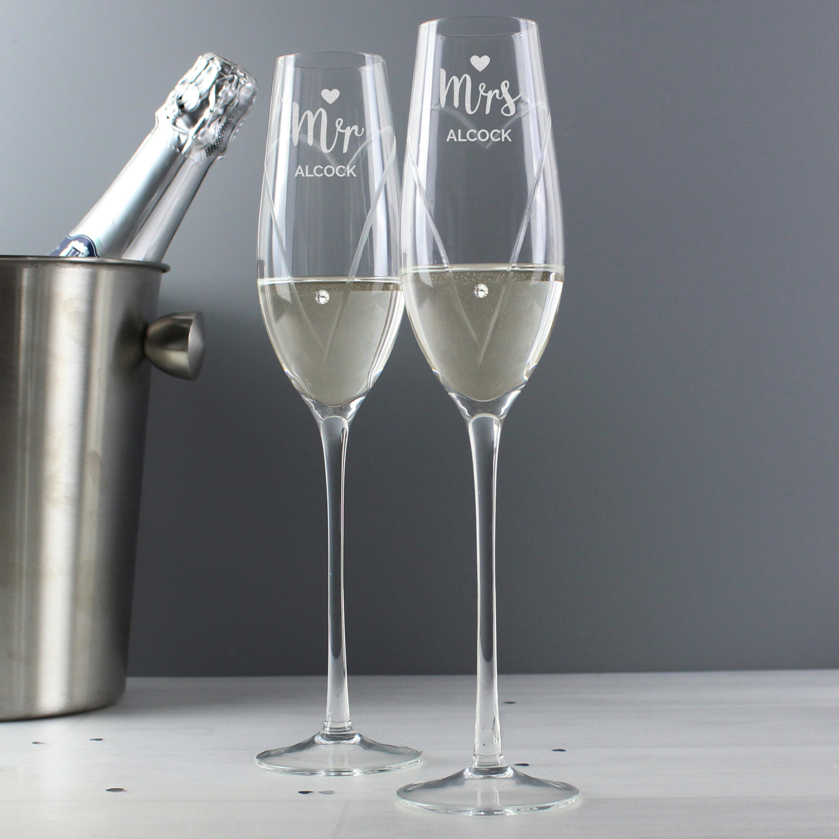 Personalised Hand Cut Mr & Mrs Champagne Flutes in Gift Box