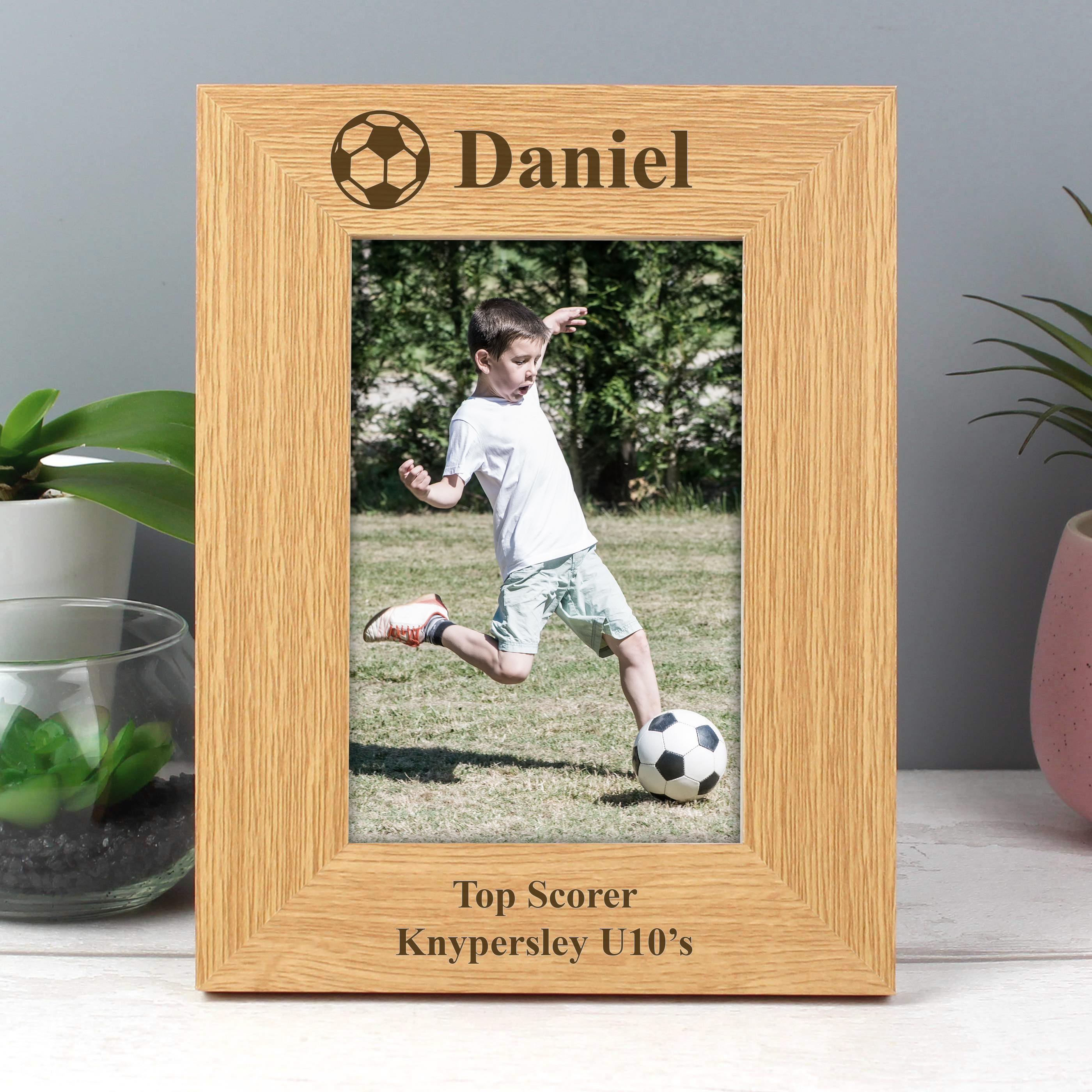 Personalised Oak Finish Football Photo Frame 6x4