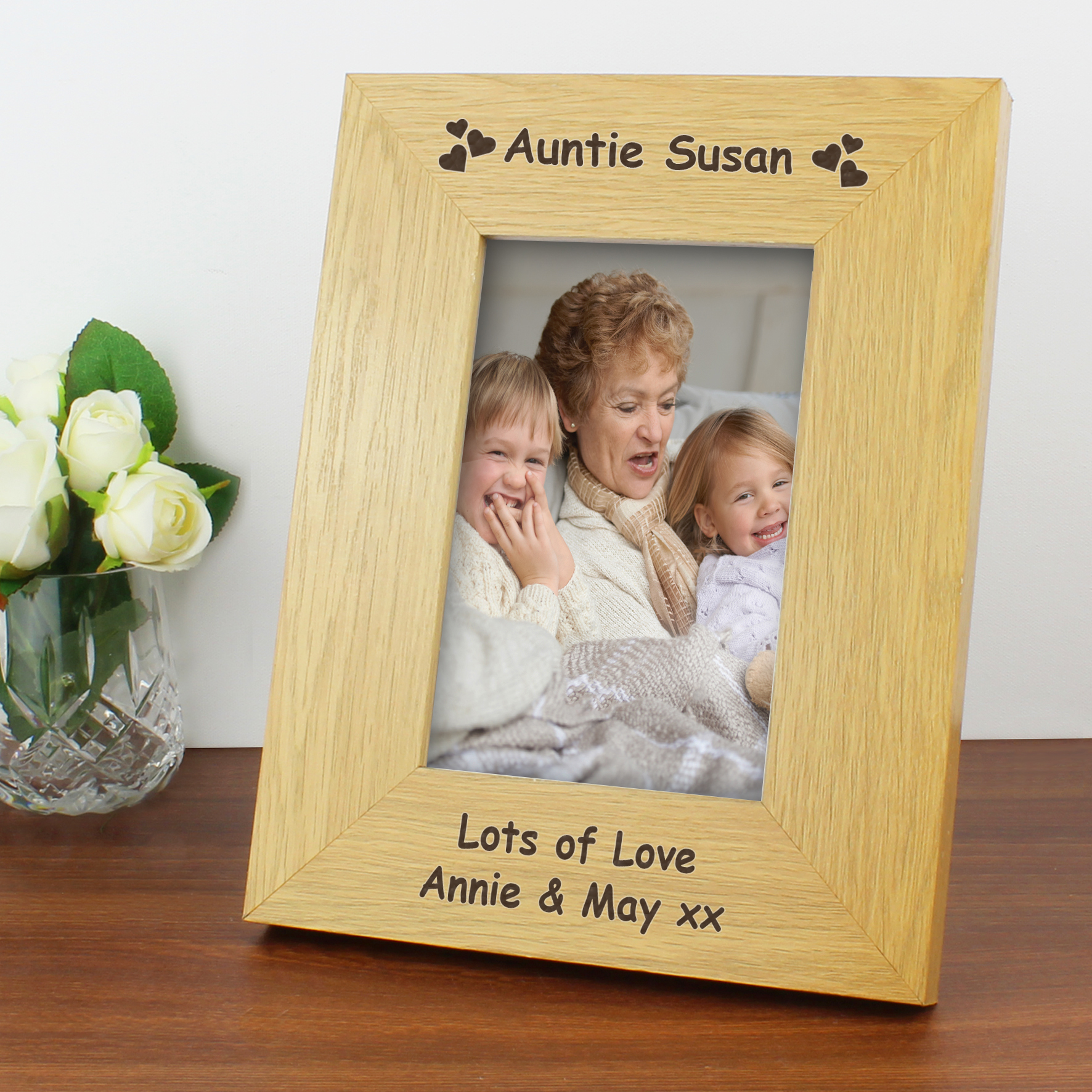 Personalised Hearts Oak Finish 6x4 Photo Frame