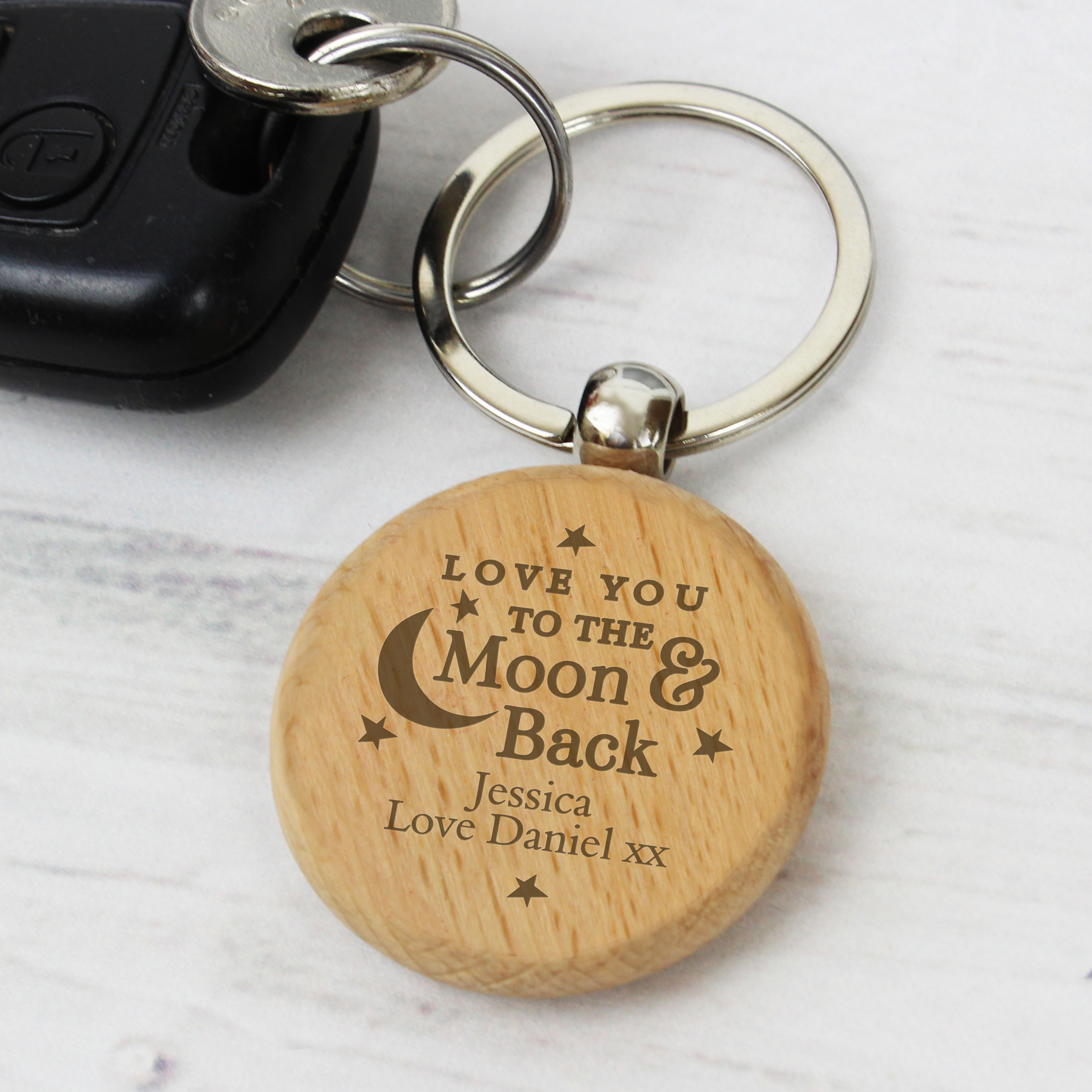 Personalised Moon & Back Wooden Keyring | Custom Gift