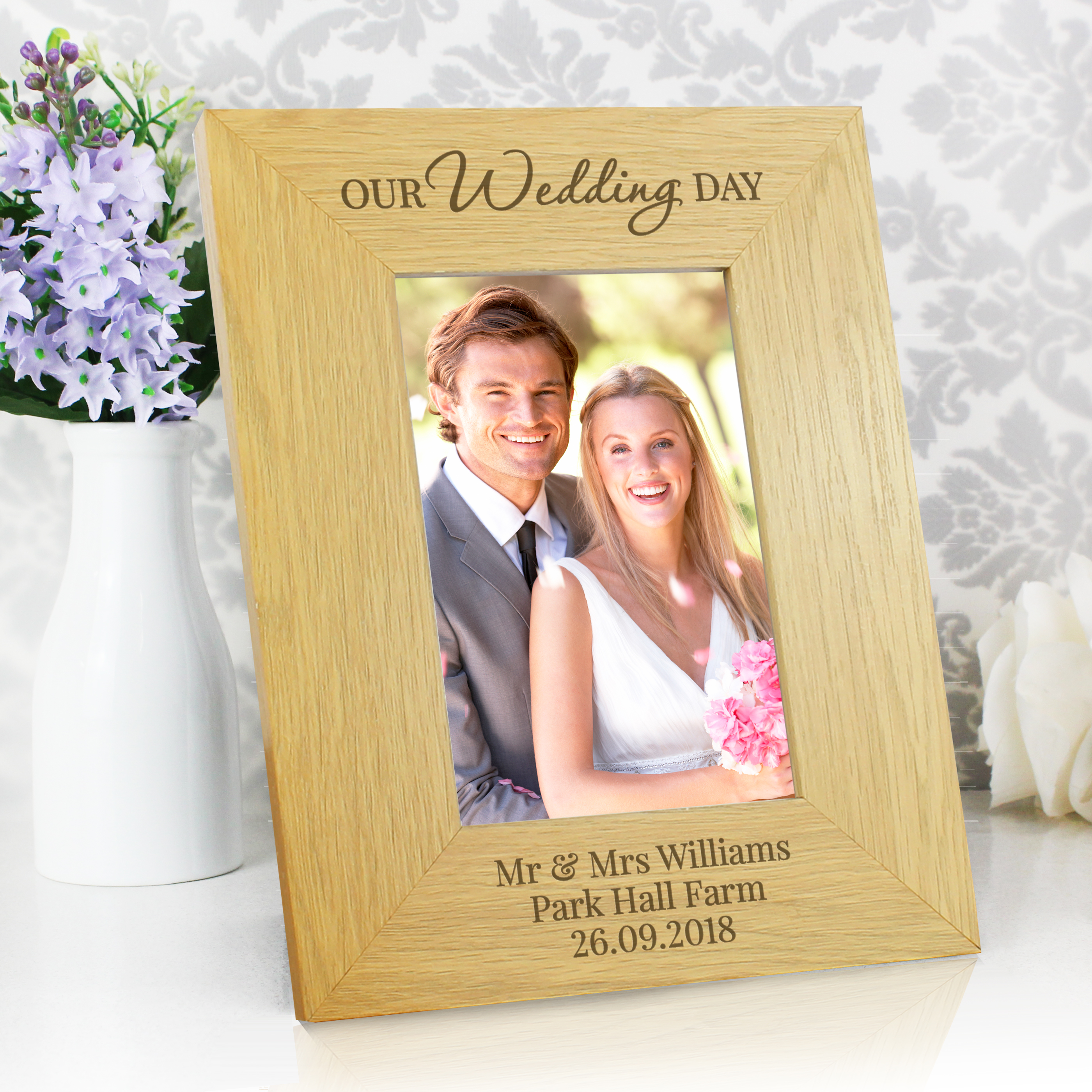 Personalised 'Our Wedding Day' Oak Finish 6x4 Photo Frame