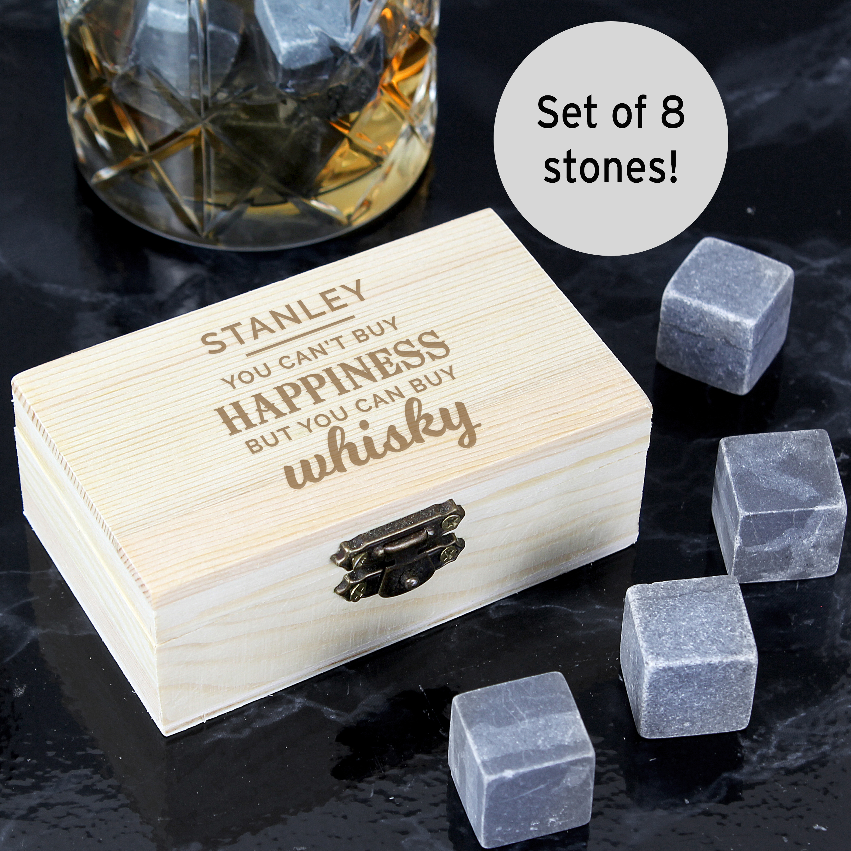 Personalised Whisky Stones Gift Set in Wooden Box