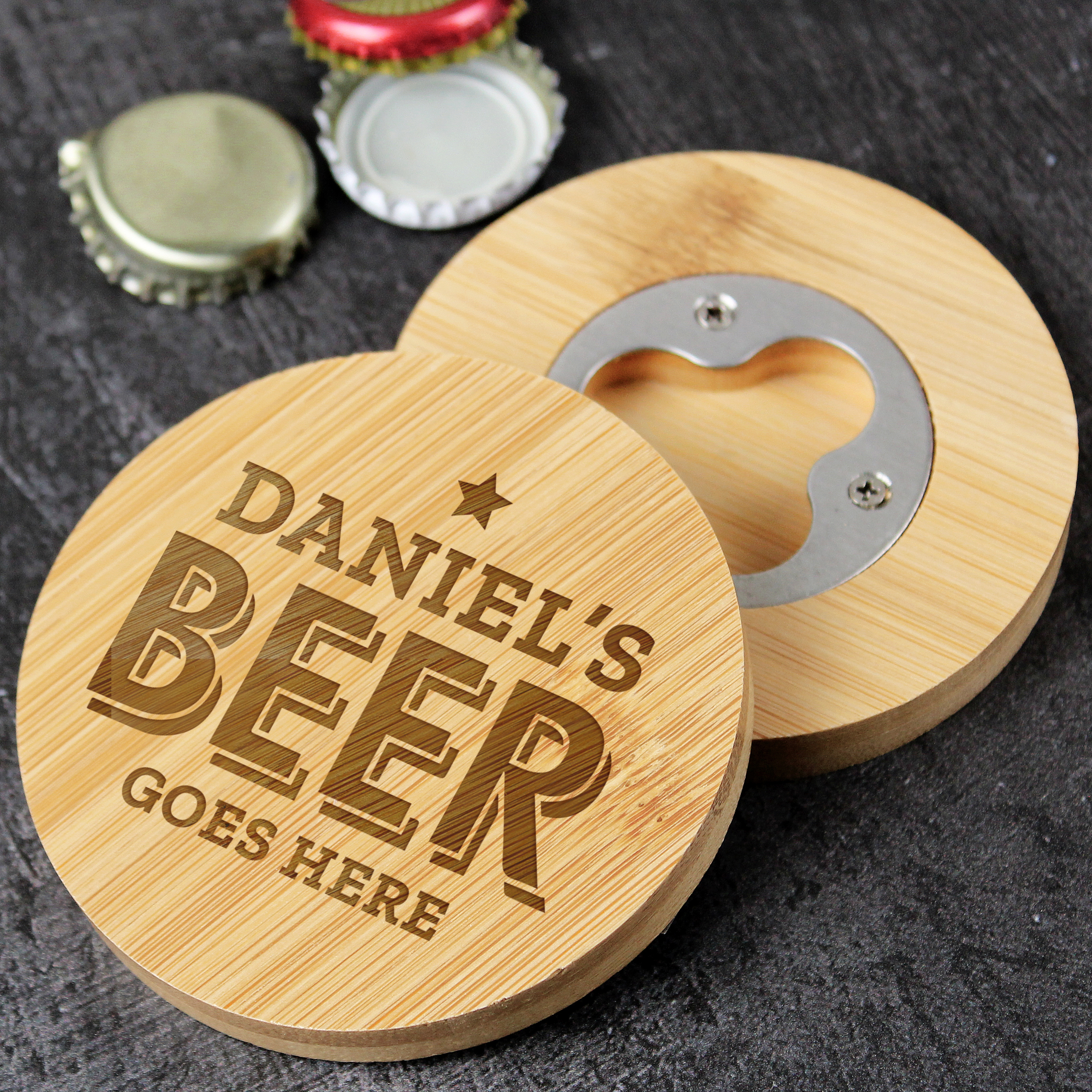 Personalised Bamboo Bottle Opener Coaster | Beer Goes Here