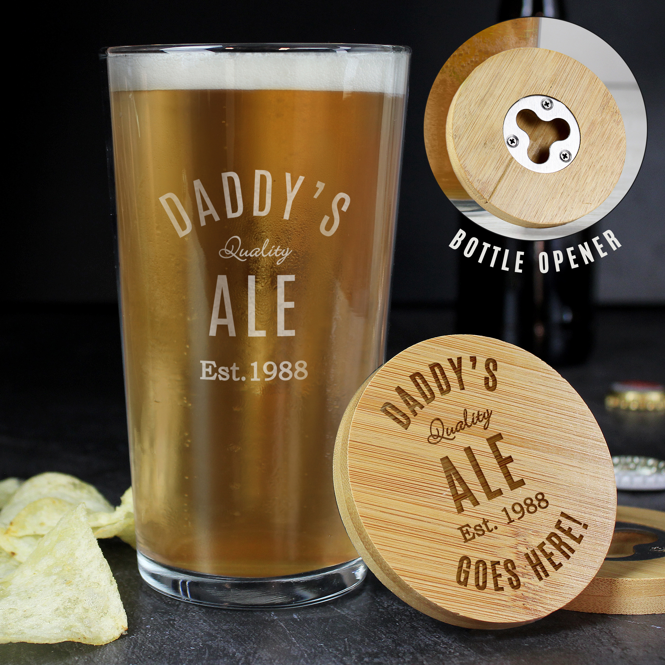 Personalised Bamboo Pint Glass Set with Bottle Opener Coaster