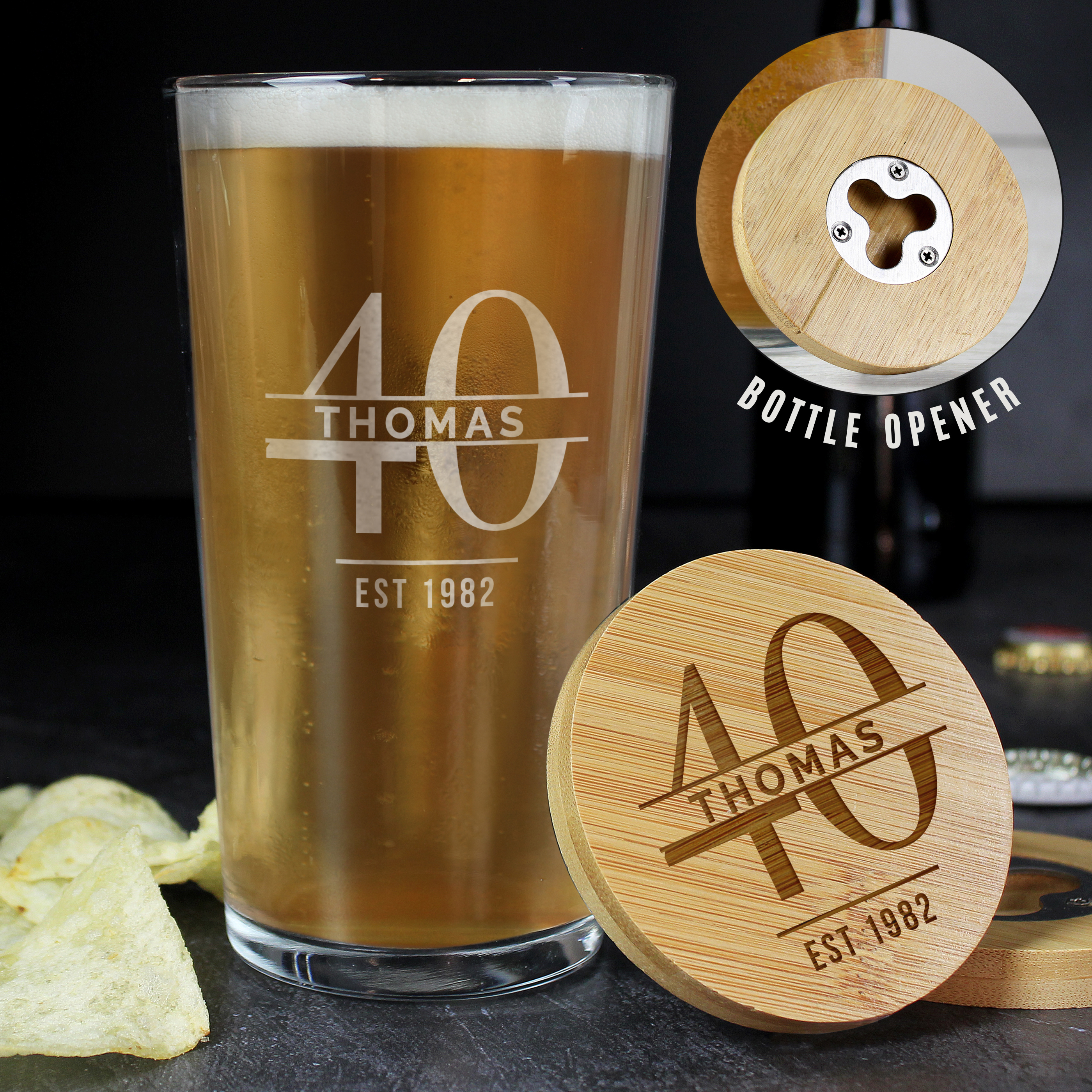 Personalised Big Age Bamboo Pint Glass Set with Bottle Opener Coaster