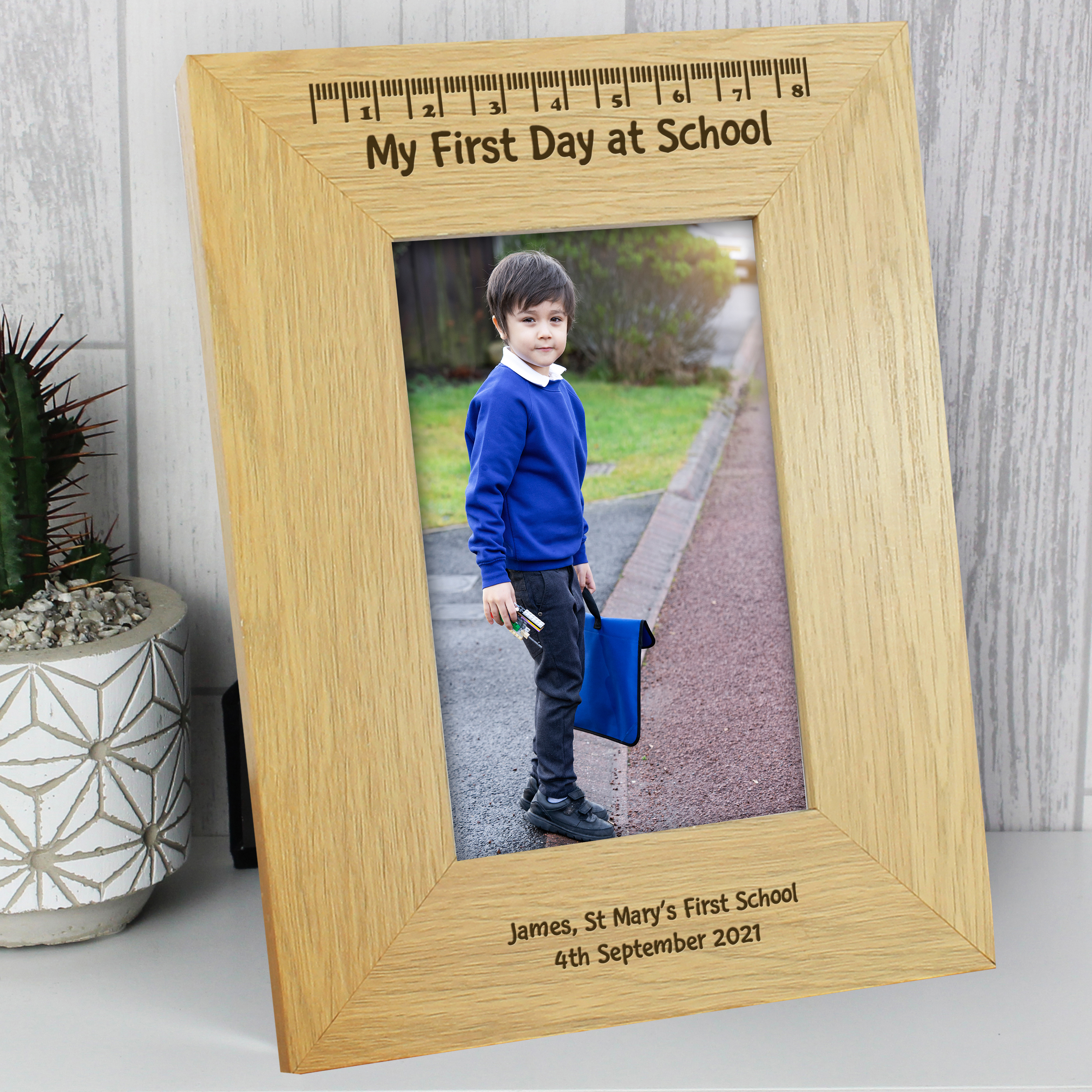 Personalised First Day At School Oak Finish 6x4 Photo Frame