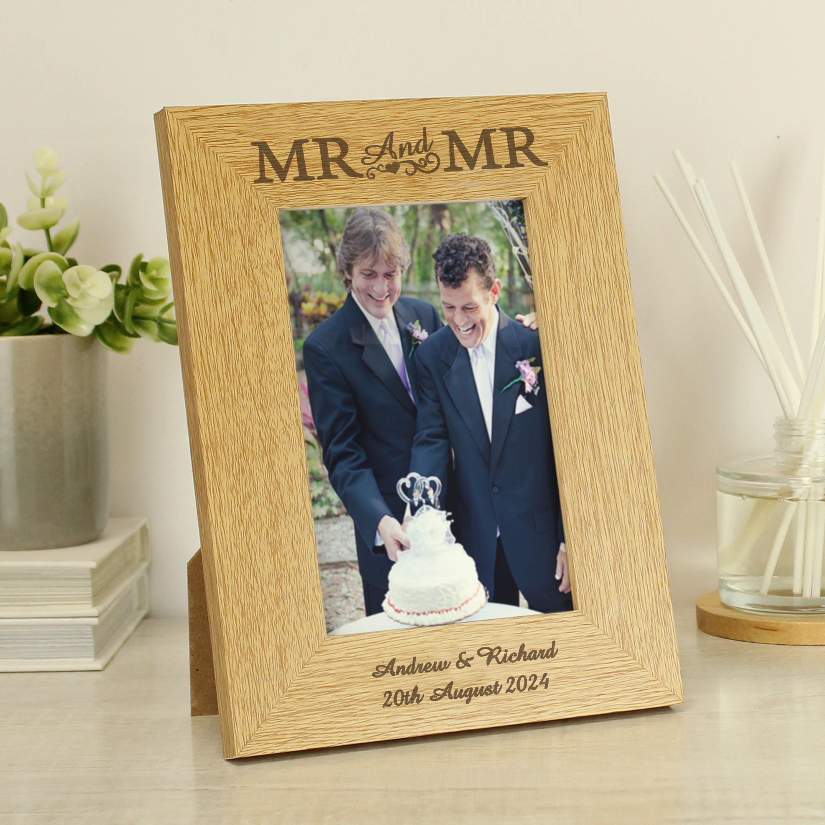Personalised Mr & Mr Oak Finish 6x4 Photo Frame