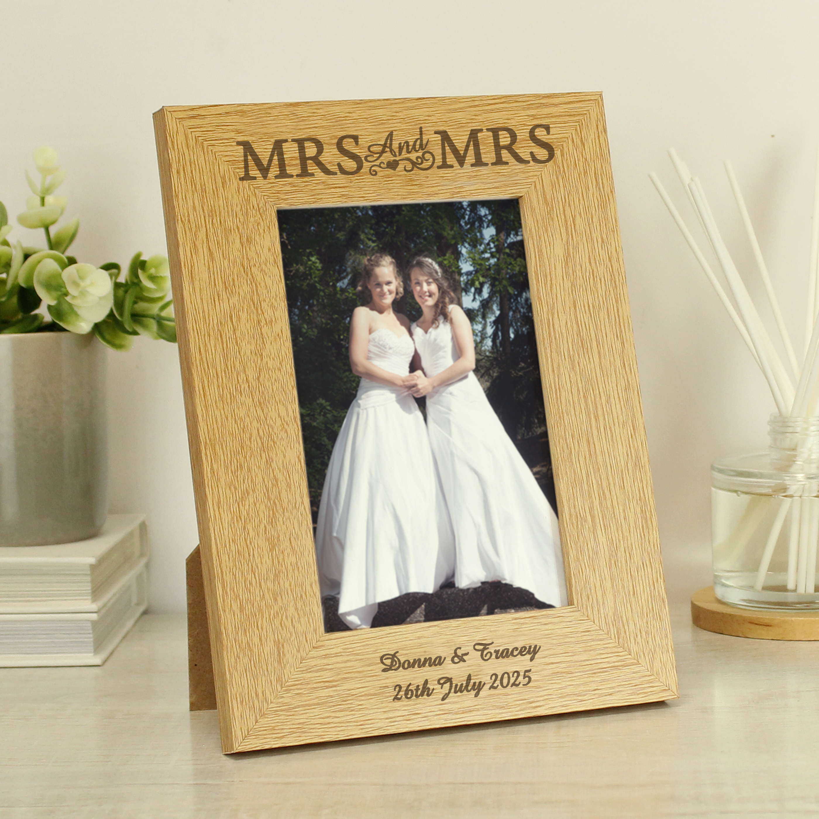 Personalised Mrs & Mrs Oak Finish 6x4 Photo Frame